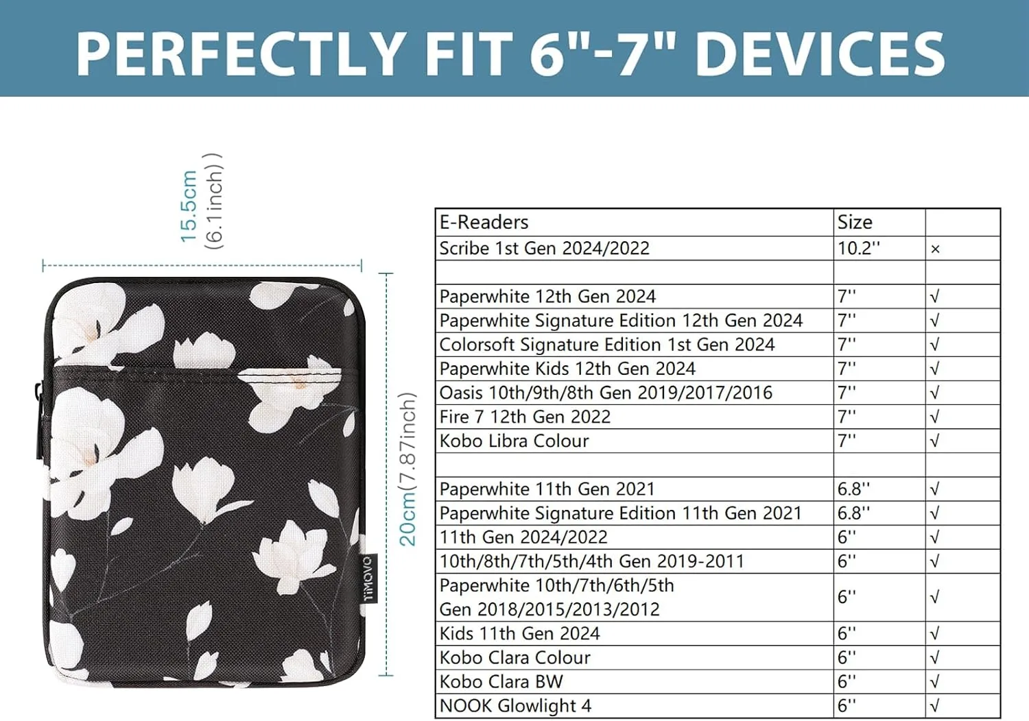 TiMOVO 6-7 Inch Sleeve Case for eReader, Black&White Magnolia