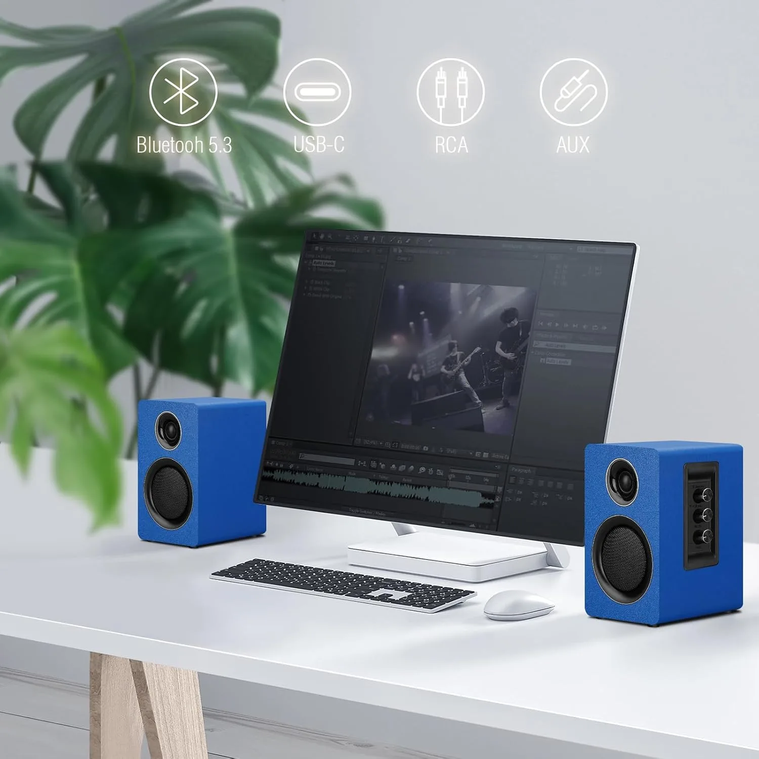 Computer Speakers, Bluetooth 5.3, USB-C, AUX/RCA, 3.5-Inch Woofer, Blue