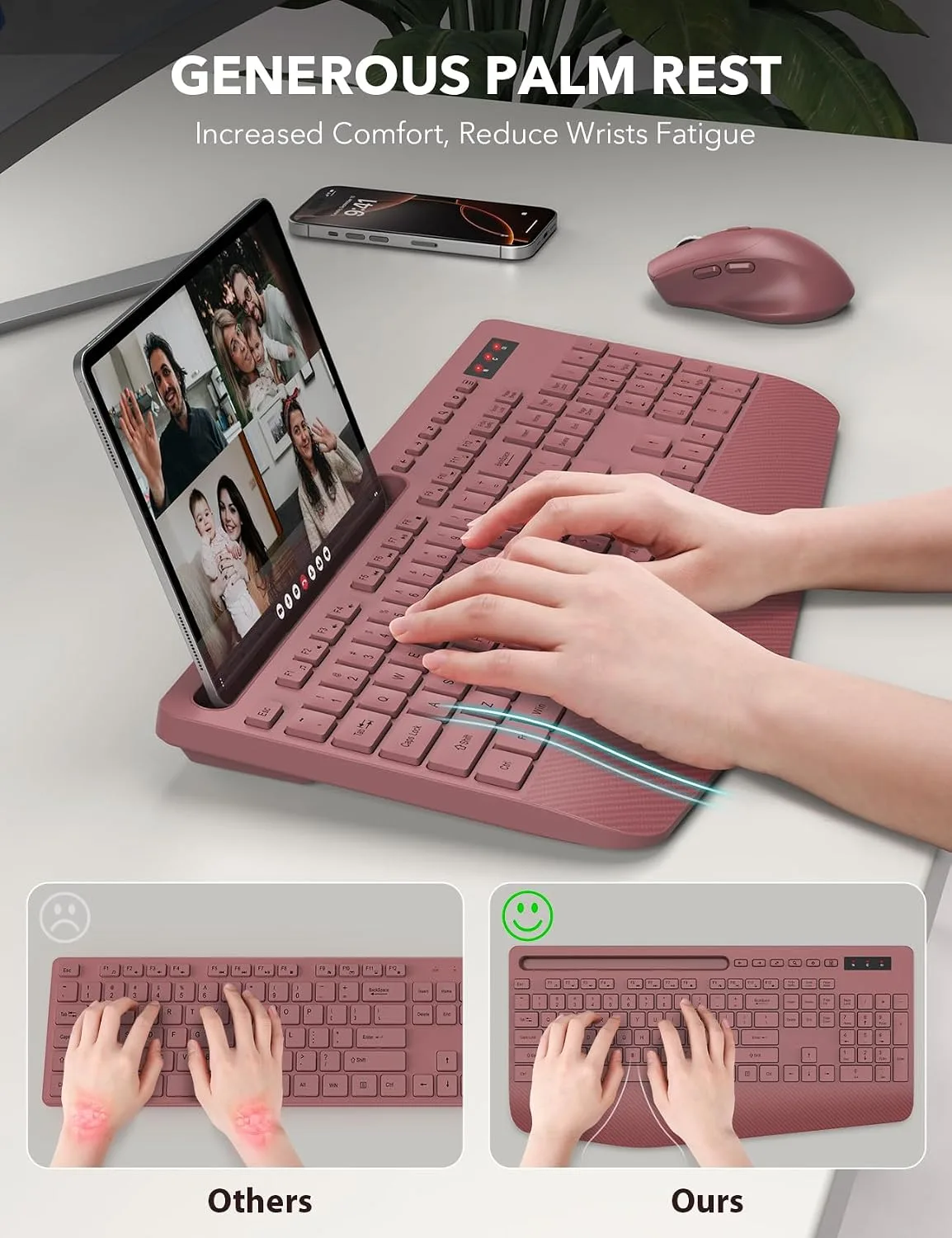 Wireless Keyboard and Mouse Combo - Full-Sized, Ergonomic Wrist Rest