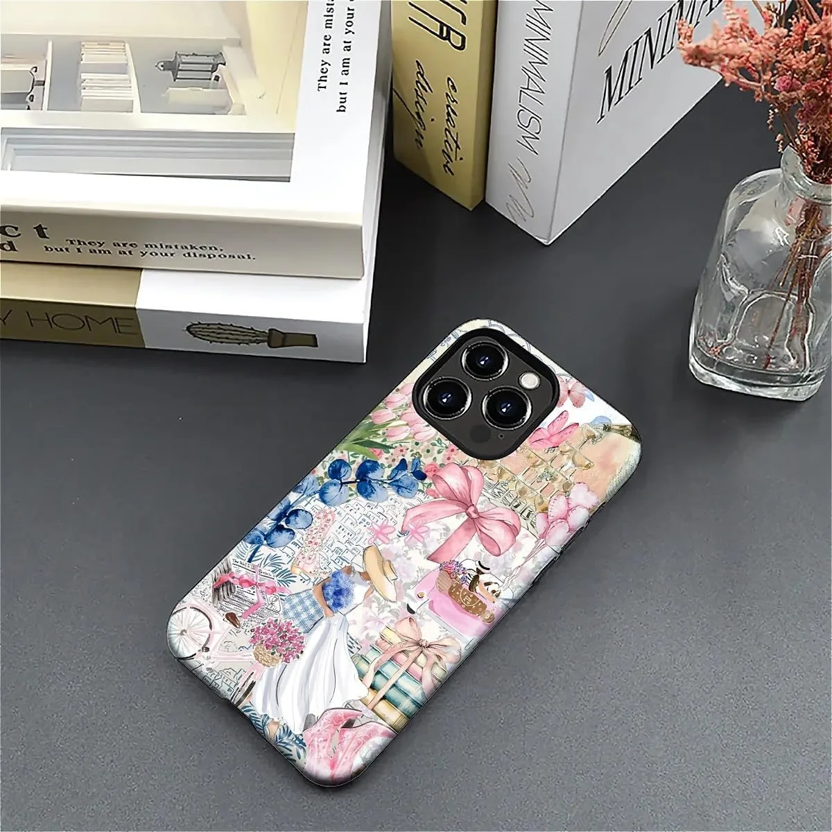 DAIZAG Case for iPhone 16 Pro Max,Mixed 2 Layer Design Shockproof Soft TPU Ddouble Protection Phone Case for iPhone 16 Pro Max-Magazine Books Flower Bow Collage