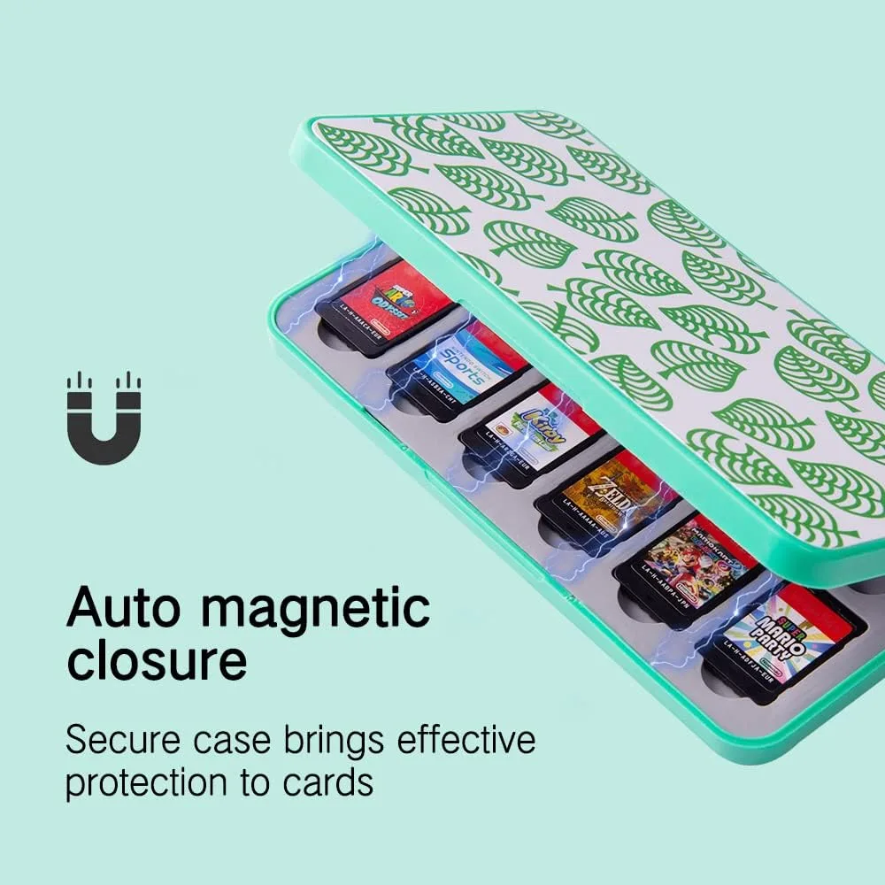 PERFECTSIGHT Cute Game Card Case Compatible with Nintendo Switch/ Switch Lite/ OLED 24 Game Holder Cartridge Case for Game and SD Cards, Kawaii Portable Compact Storage Box, Leaf