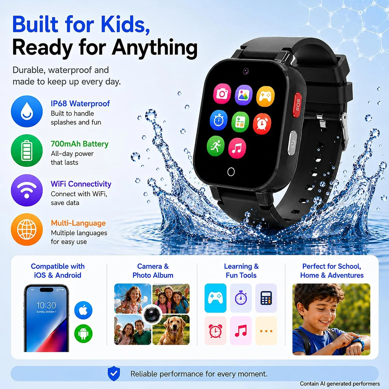 4G Kids Smart Watch with GPS Tracker, Video & Voice Call, SOS, WiFi, IP68 Waterproof, AI Smart Features, Parental Control Phone Watch for Boys Girls Age 3+ (SIM Card Included)