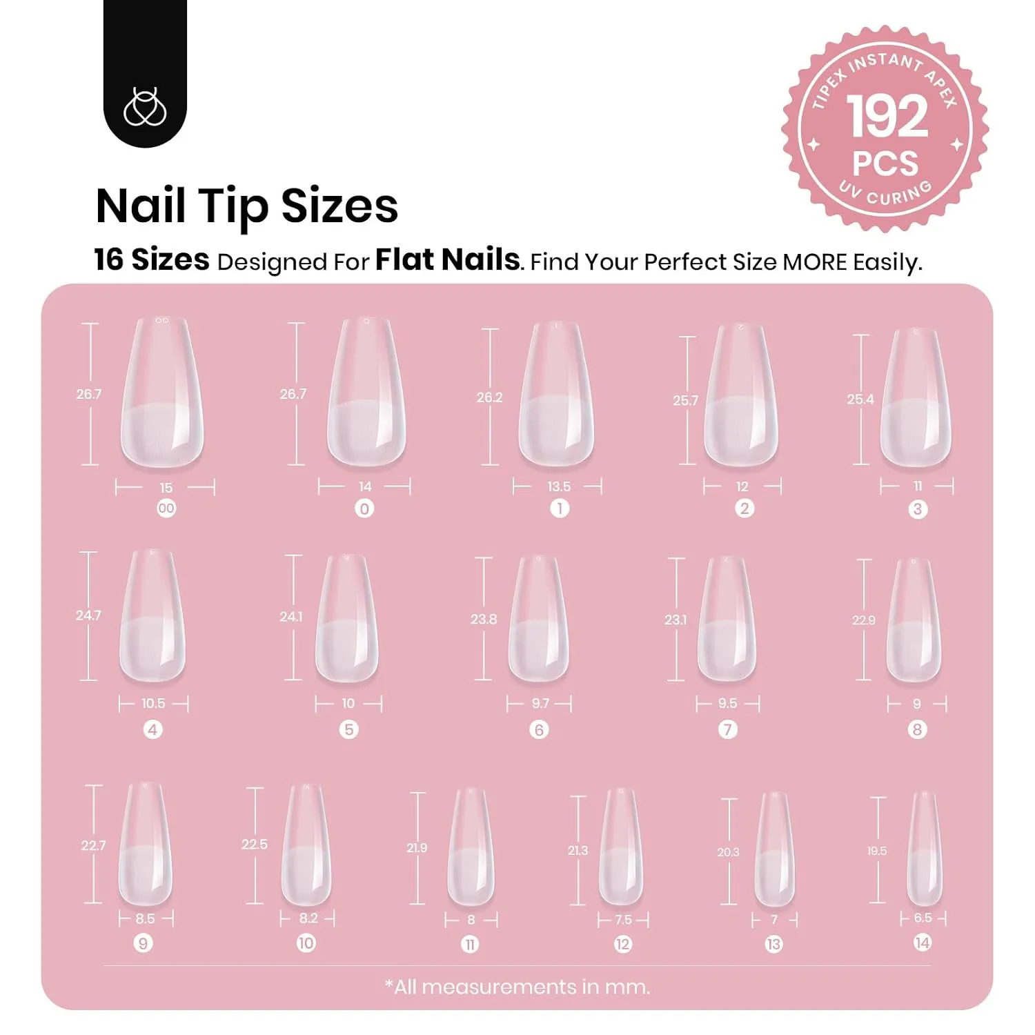 Beetles Tipex Instant Apex Nail Tips, Medium Coffin, 192pcs 16 Sizes(00-14)