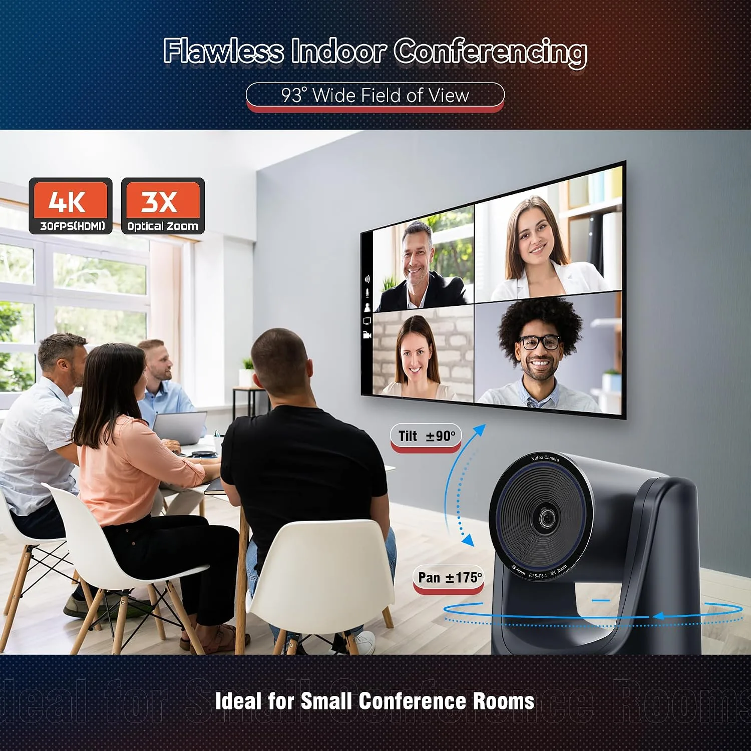 TONGVEO 4K PTZ Camera 3X Optical Zoom 93° FOV HDMI USB3.0 Conference Camera