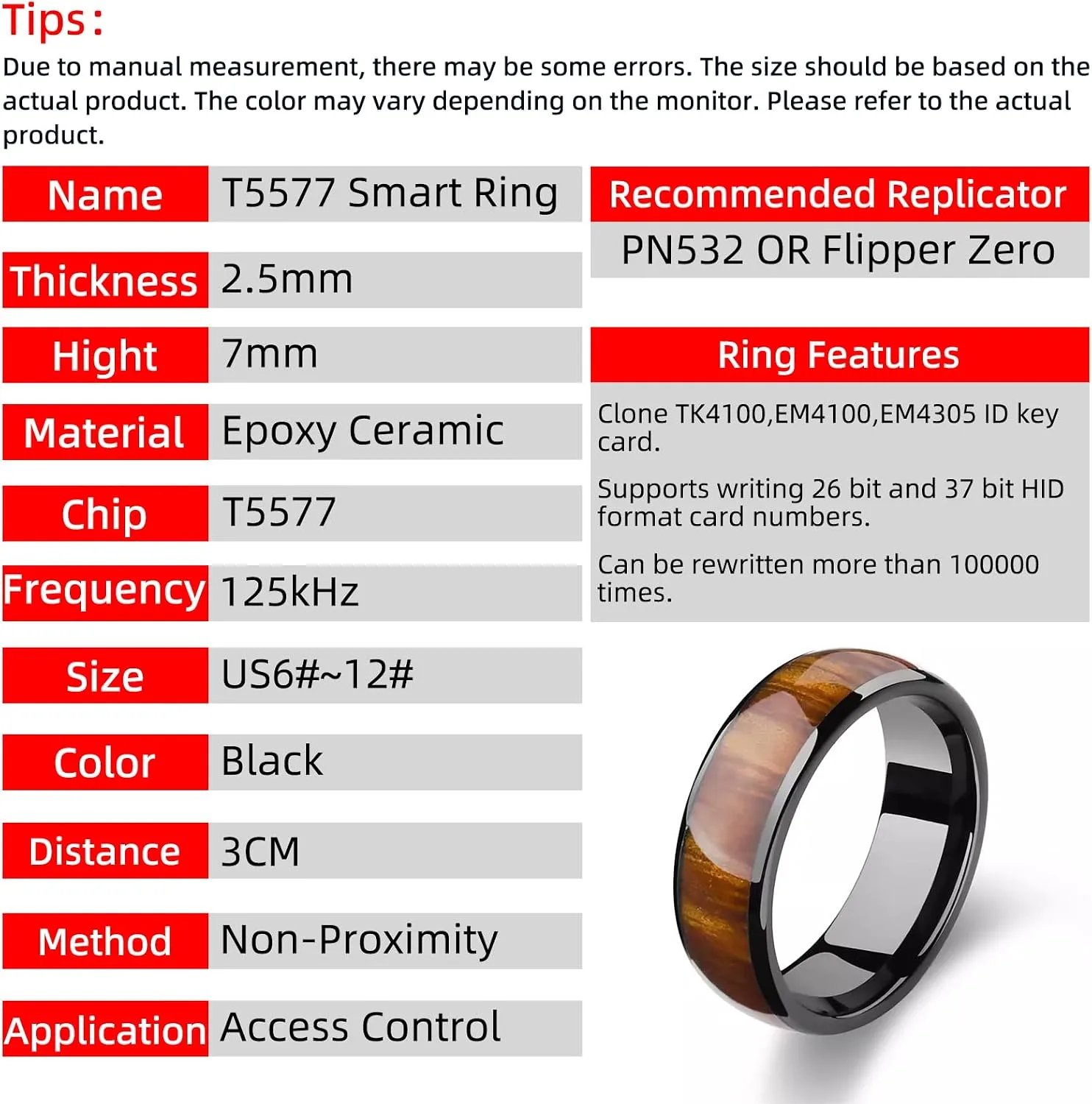 T5577 Chip Epoxy Wood Grain Ceramic Rewritable 125kHz RFID Finger Ring