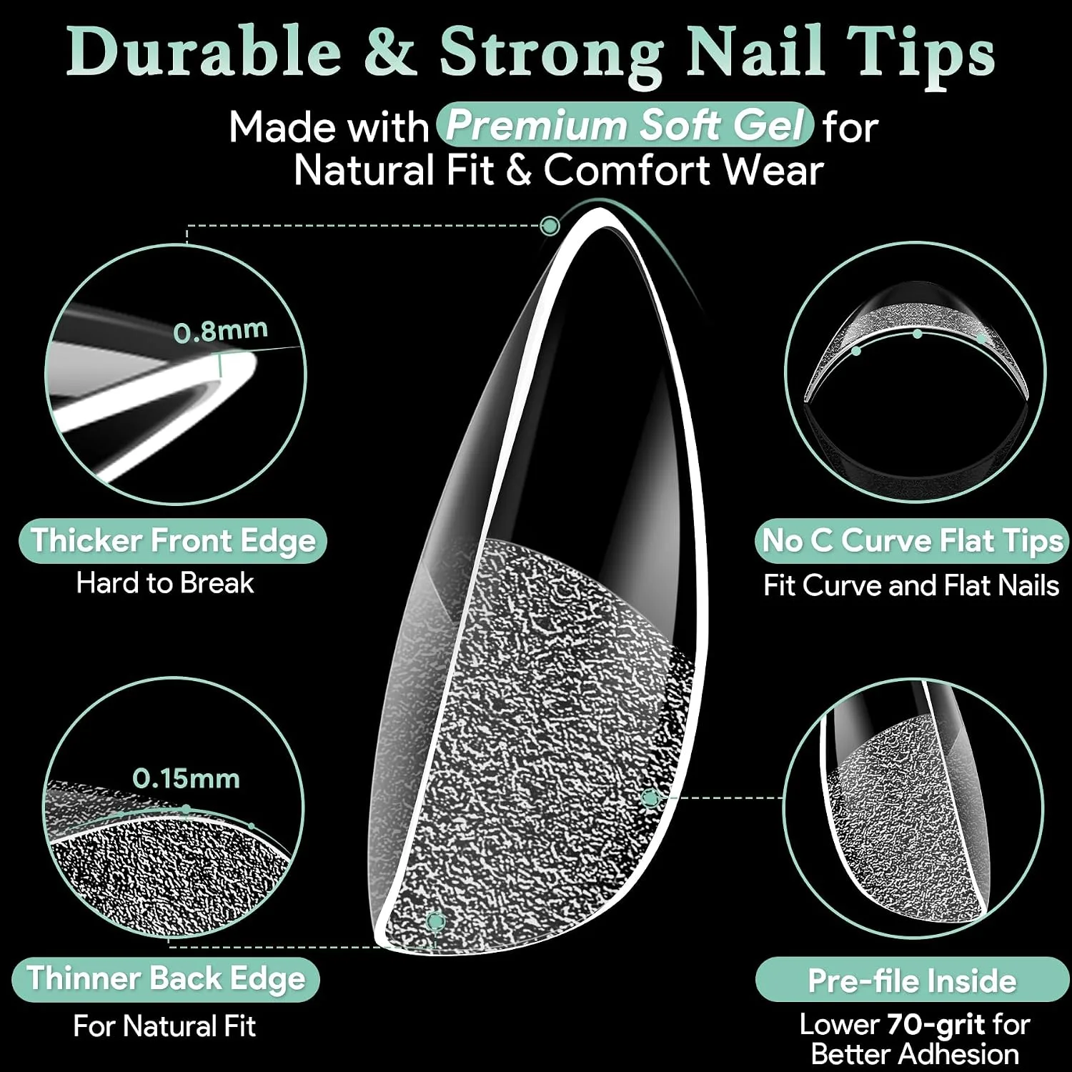 LEYKOSH Medium Almond Nail Tips, 216 Pcs Clear Gel Fake Nails, 12 Sizes