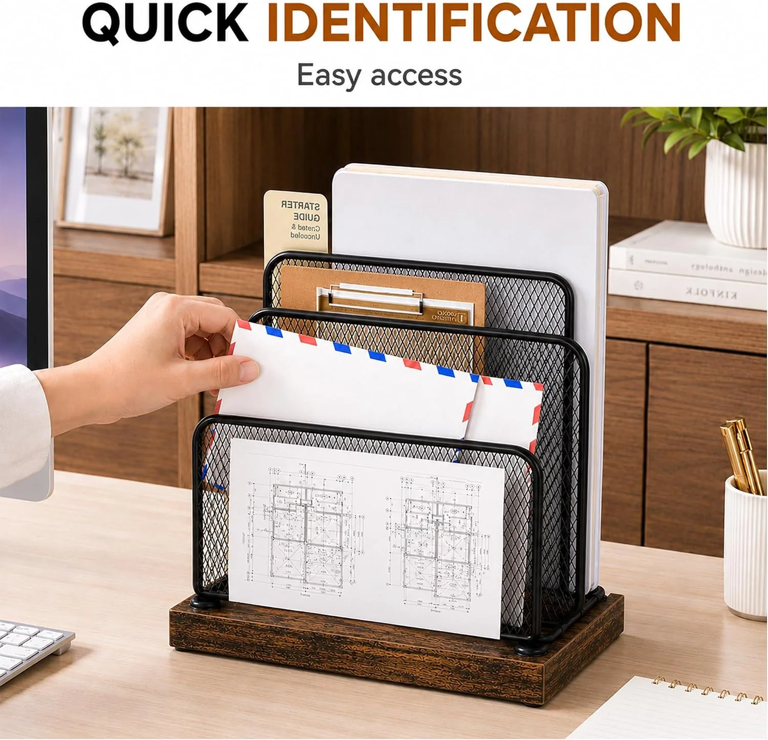 OPNICE Wooden Mail Organizer, File Organizer for Desk, Brown