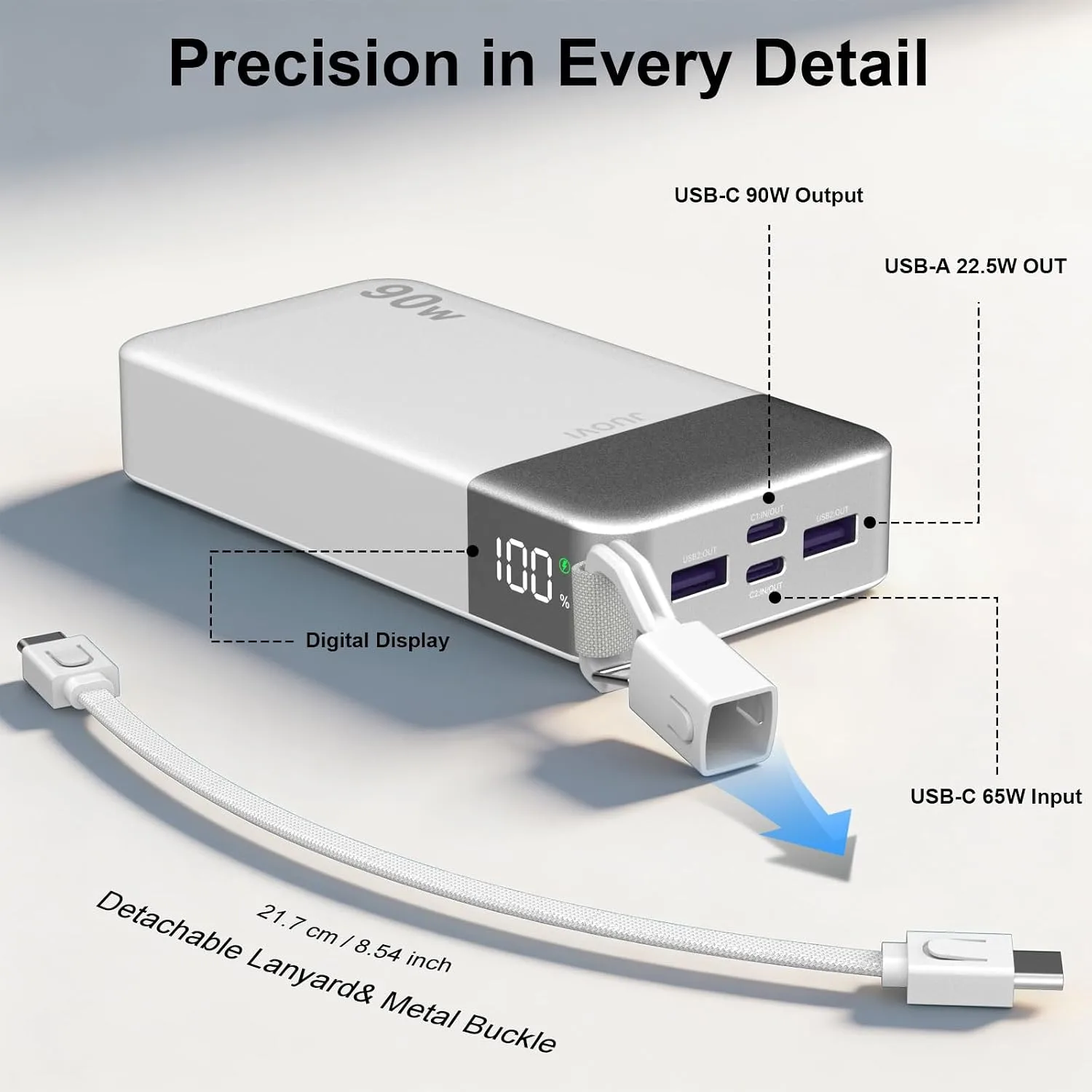 JUOVI 90W Portable Charger for Laptop Power Bank 20000mAh with USB-C Cable