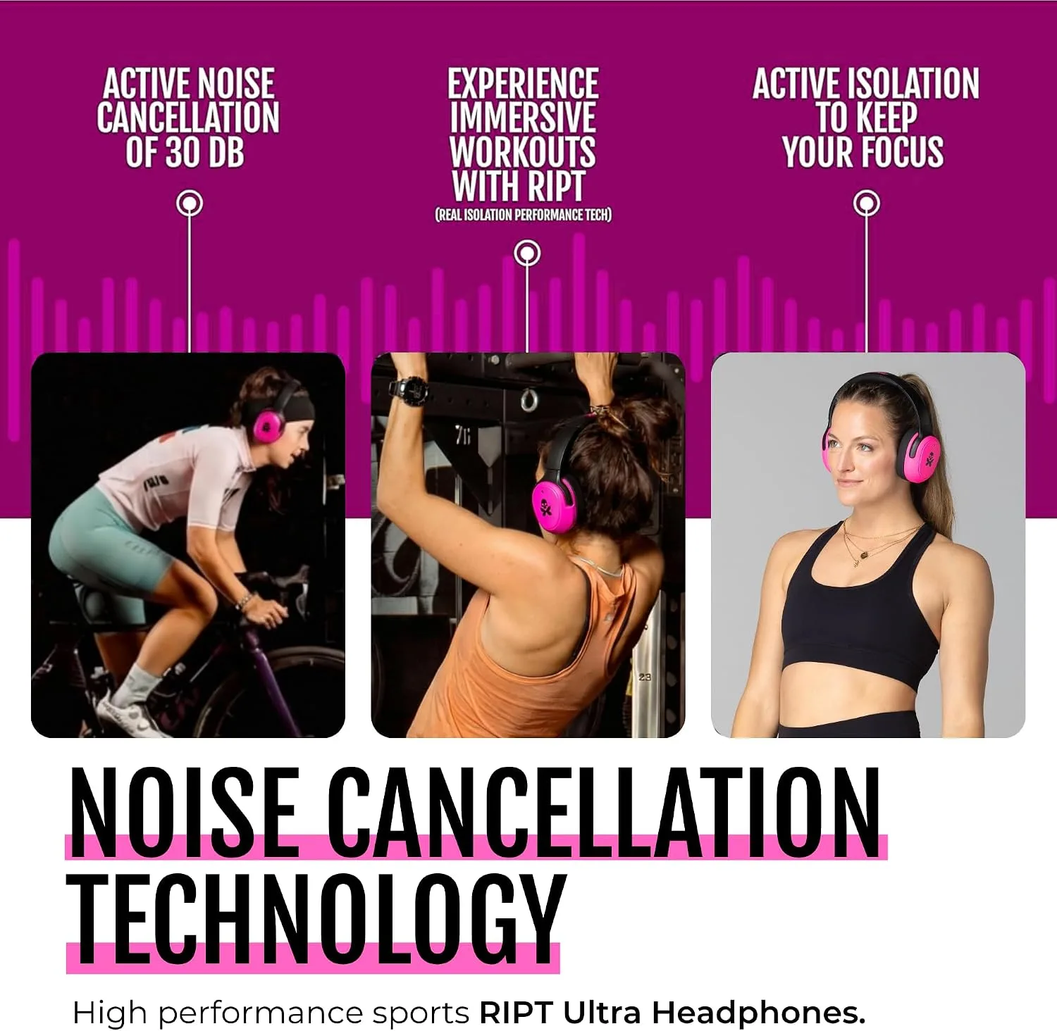 H2O Audio Betty x RIPT Ultra Over-Ear Sport Headphones - 100% Sweatproof Zwift Headphones - Premium Sound Active Noise Cancellation and Transparency Mode, 50-Hour Battery Life