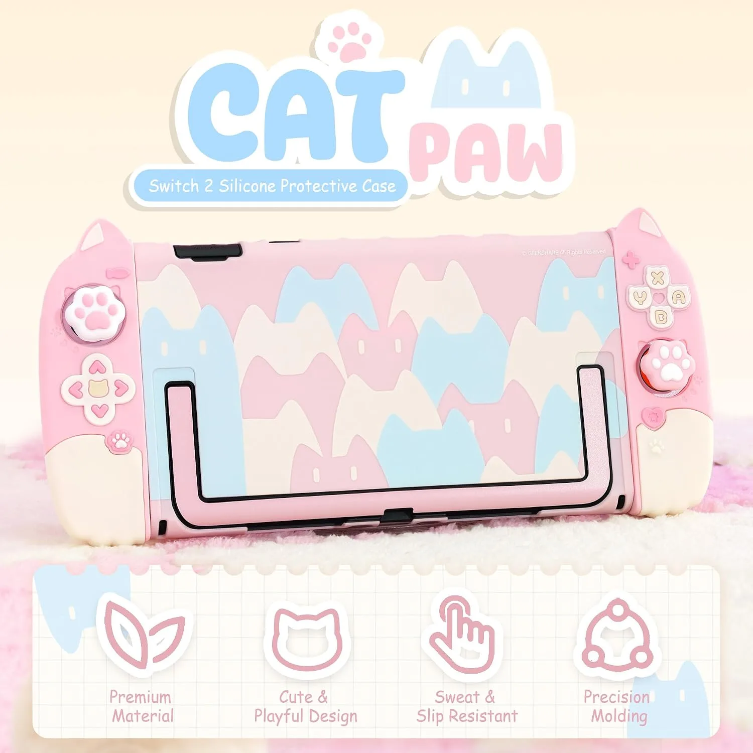 Geekshare Protective Case Set Compatible with Switch 2, PC Back Plate with Silicone Joysticks Covers, Includes 2 Thumb Grips, Waterproof Protection (Pink Cat, for Switch 2)