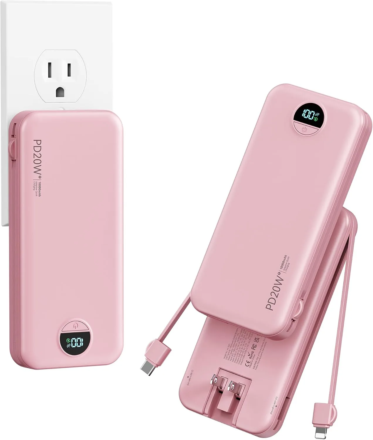 Portable Charger Power Bank 10000mAh with Built in Cables & Wall Plug