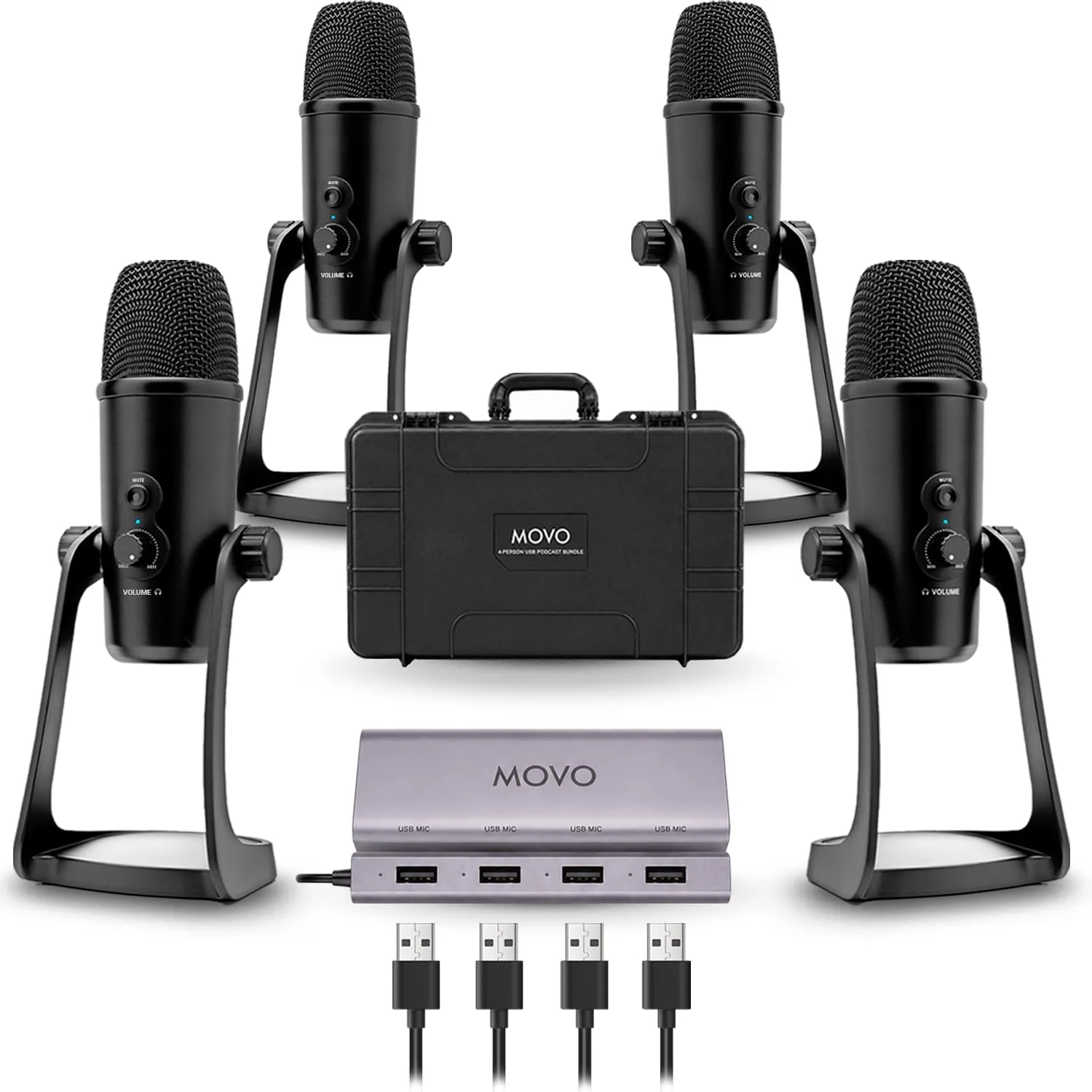 Movo 4-Person USB Podcast Equipment Bundle – 4 Condenser Mics, Hub & Case