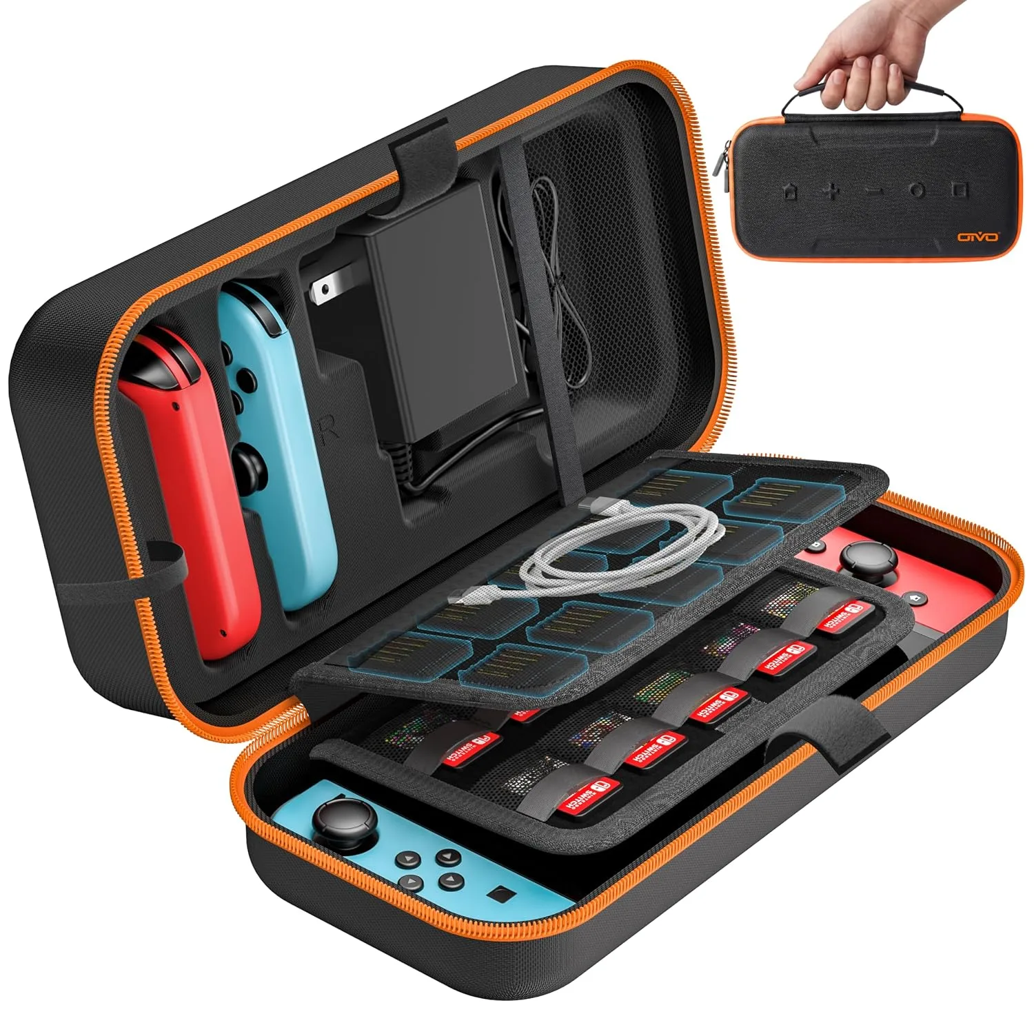 OIVO Switch OLED Carrying Case Compatible with Nintendo Switch & OLED, Portable Switch Travel Carry Case Fit for Joy-Con and Adapter, Hard Shell Protective Switch Pouch Bag with 20 Games, Orange