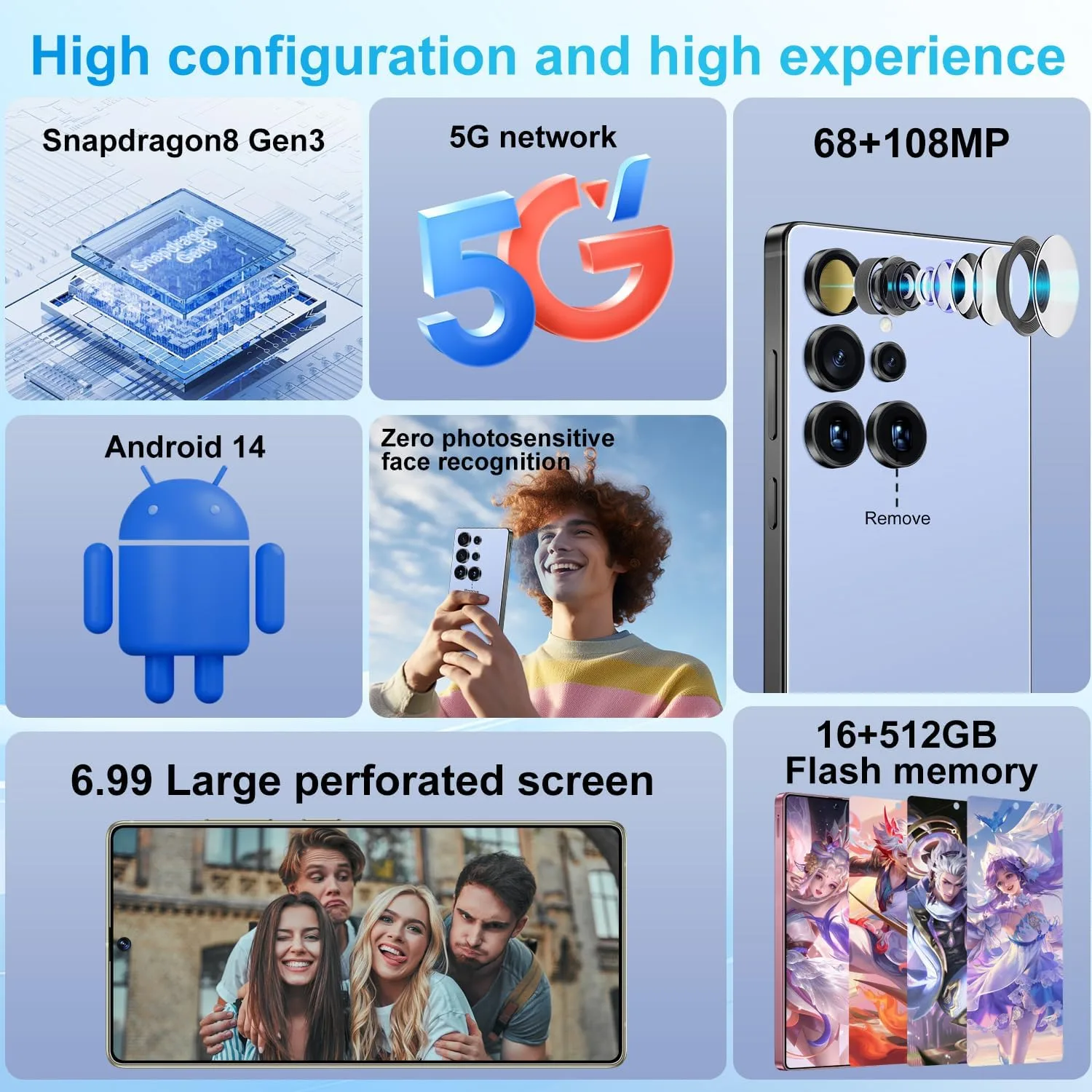 Huness S25 Ultra Unlocked Phone,Built in Pen The Phone,Cell Phone Battery 7000mAh 6.99" HD Screen,Android 14 16+512GB Smartphone,Dual SIM/5G/Face ID/Fingerprint Lock/GPS (Blue, 16+512)