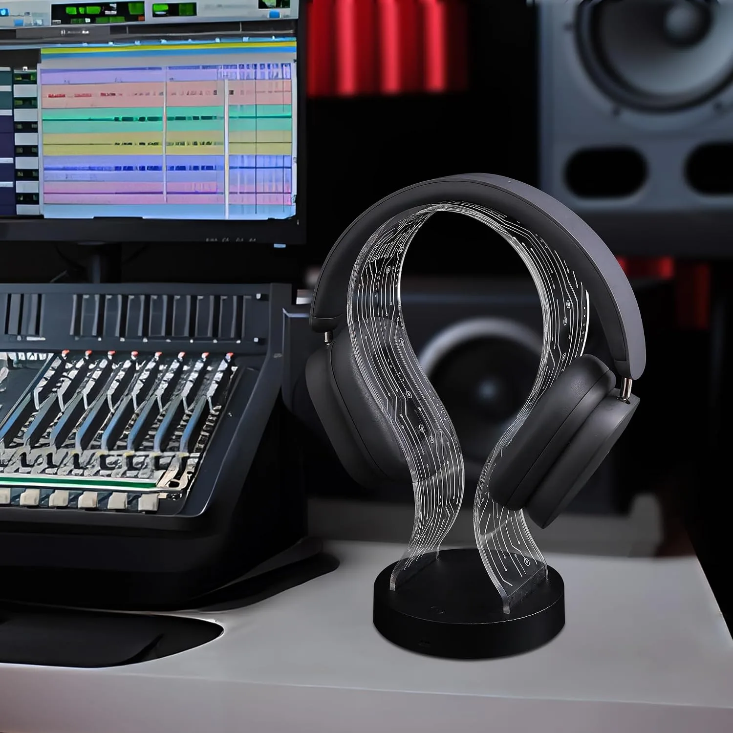 Lampeez Light Up Headphone Stand, Acrylic Desk Accessory Headset Holder with PCB Pattern and 16 Color LED Lights, 1 USB and 1 Type-C Charging Ports, for Gamers Music Lovers Boys Men