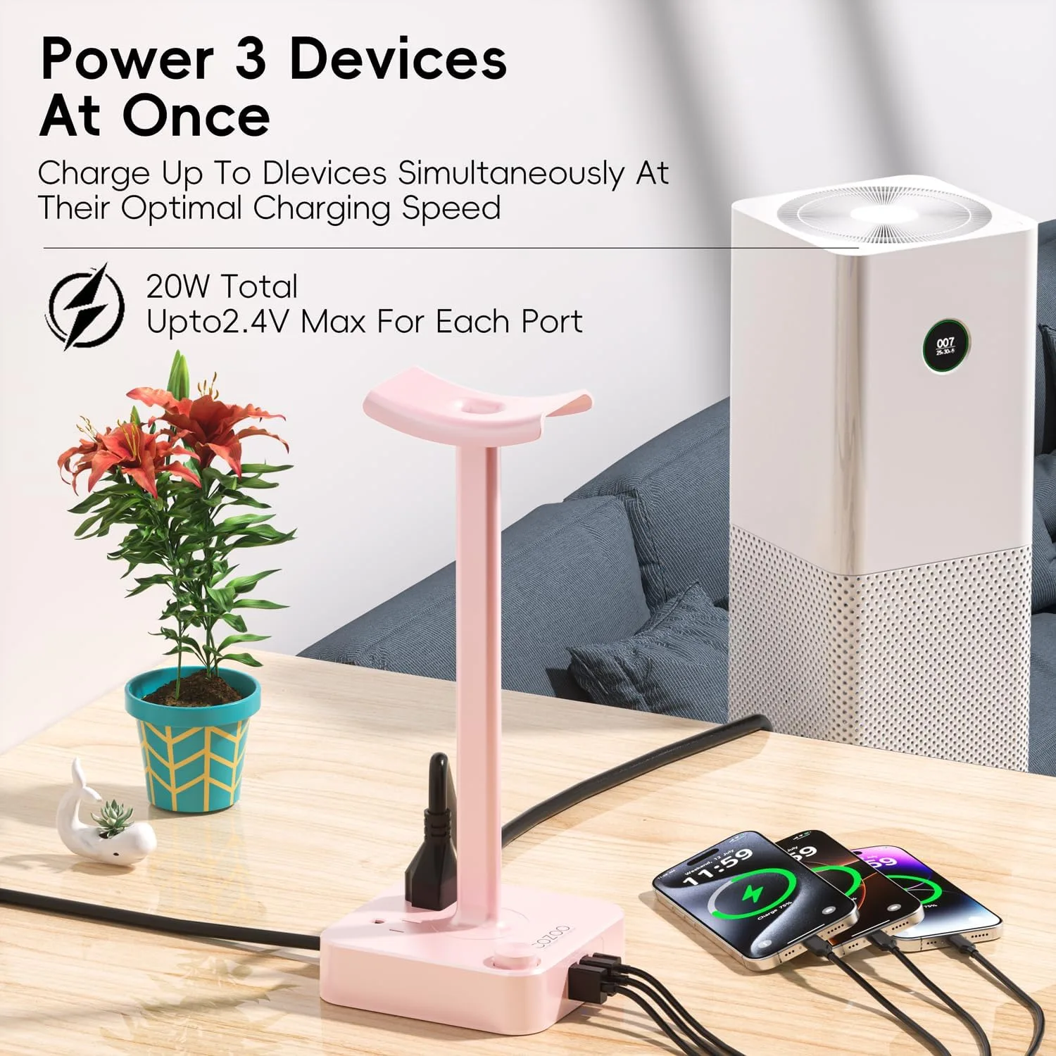 cozoo Headphone Stand with Charger, USB C, Gifts for Gamers Men, Pink
