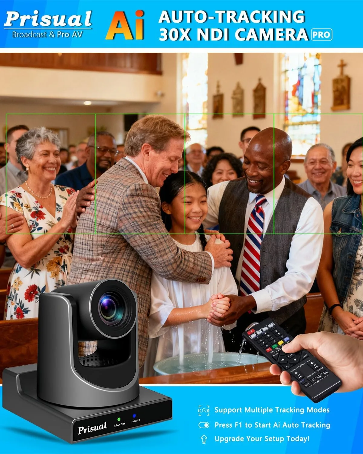 Prisual NDI PTZ Camera System Gen 5, 30X Optical Zoom, NDI 6 & NDI HX3 Certified, AI Auto Tracking, PoE HDMI Bundle with PTZ Controller for Church Worship, (NDI PTZ Bundle TEM-30N PROx2+PRO AI Joy)