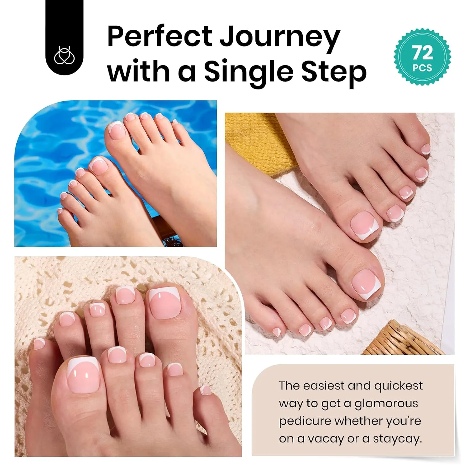 Beetles Toe Nail Press Ons Short French Tip Press On Toenails 72PCS Kit
