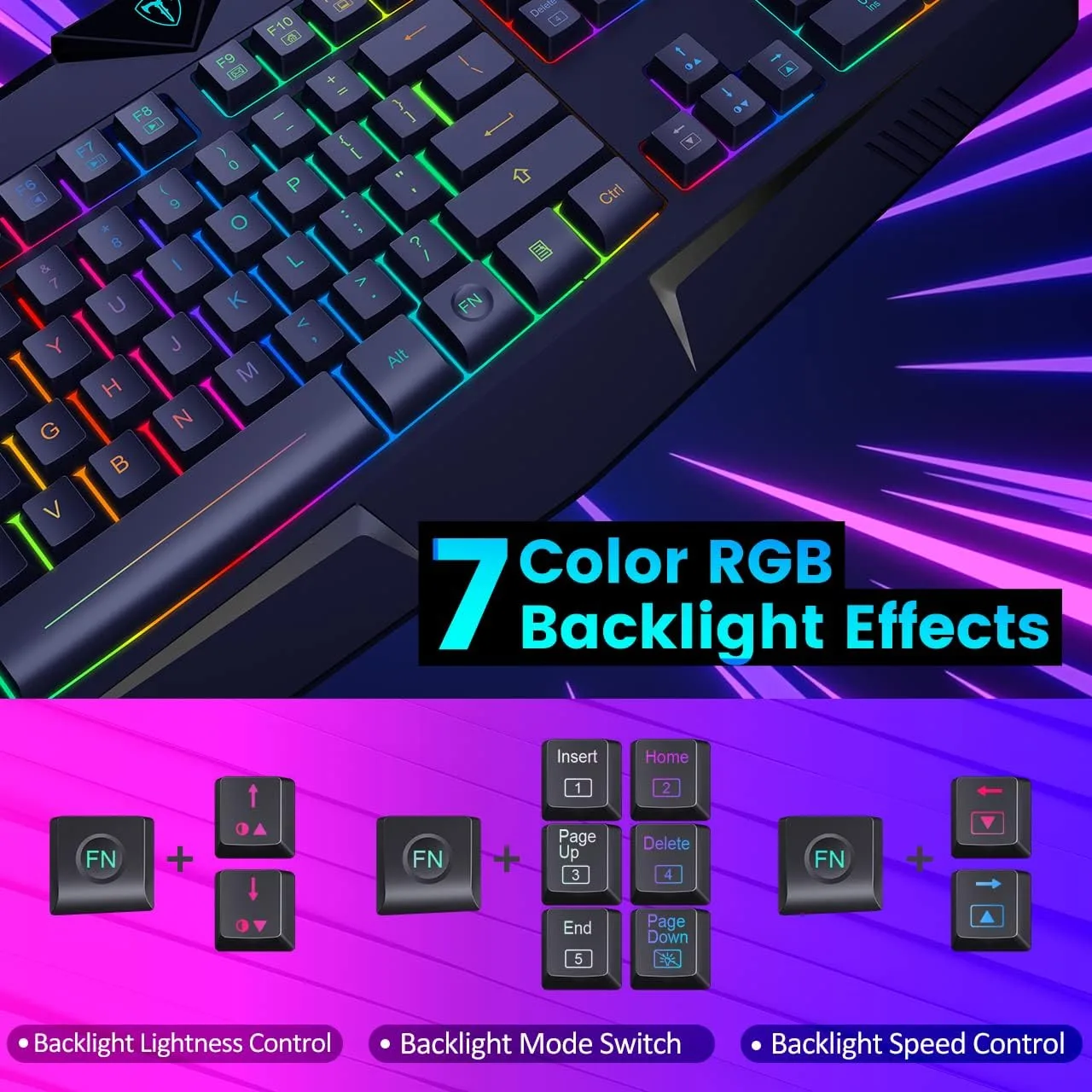 Gaming Keyboard, Full Size RGB Backlit Quiet Computer Keyboard, Wrist Rest, Silent Keys, Multimedia Keys, Anti-ghosting, Waterproof Light Up USB Wired Keyboard for PC Mac Xbox Gamer Office