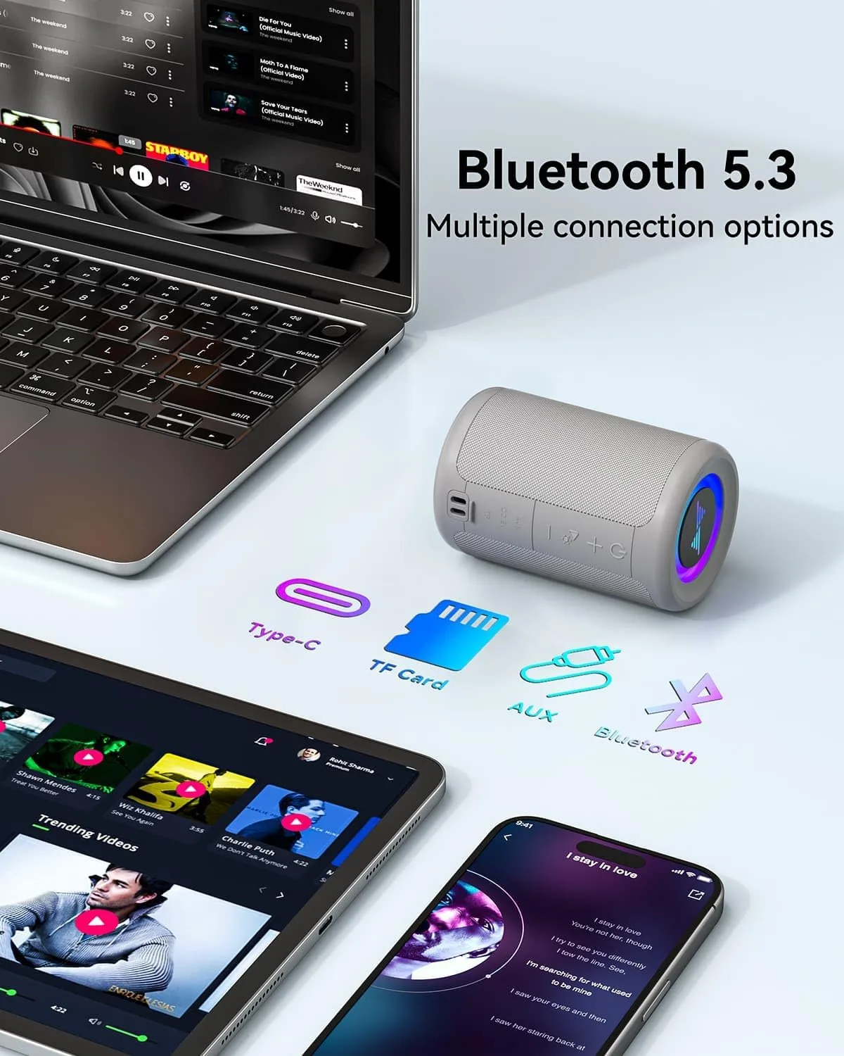 LENRUE Small Portable Bluetooth Speaker with Lights, TWS Stereo Surround Sound, Type C Powered, Bluetooth 5.3, AUX TF Card Input, Wireless for Outdoor Home, Coolest Gifts