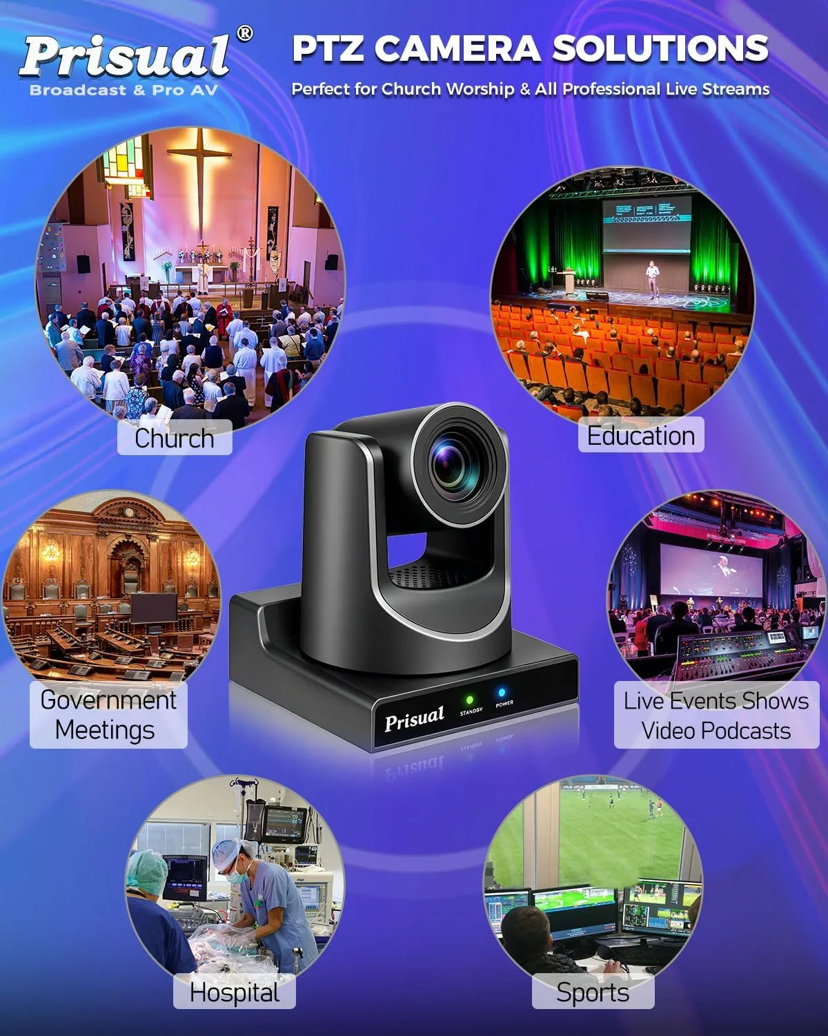 Prisual NDI HX3 PTZ Camera 5th Gen, AI Auto Tracking, 30X Optical Zoom, PoE, 3G-SDI, USB 3.0, LAN, HDMI PTZ Camera for Church Worship, Education, Live Streaming