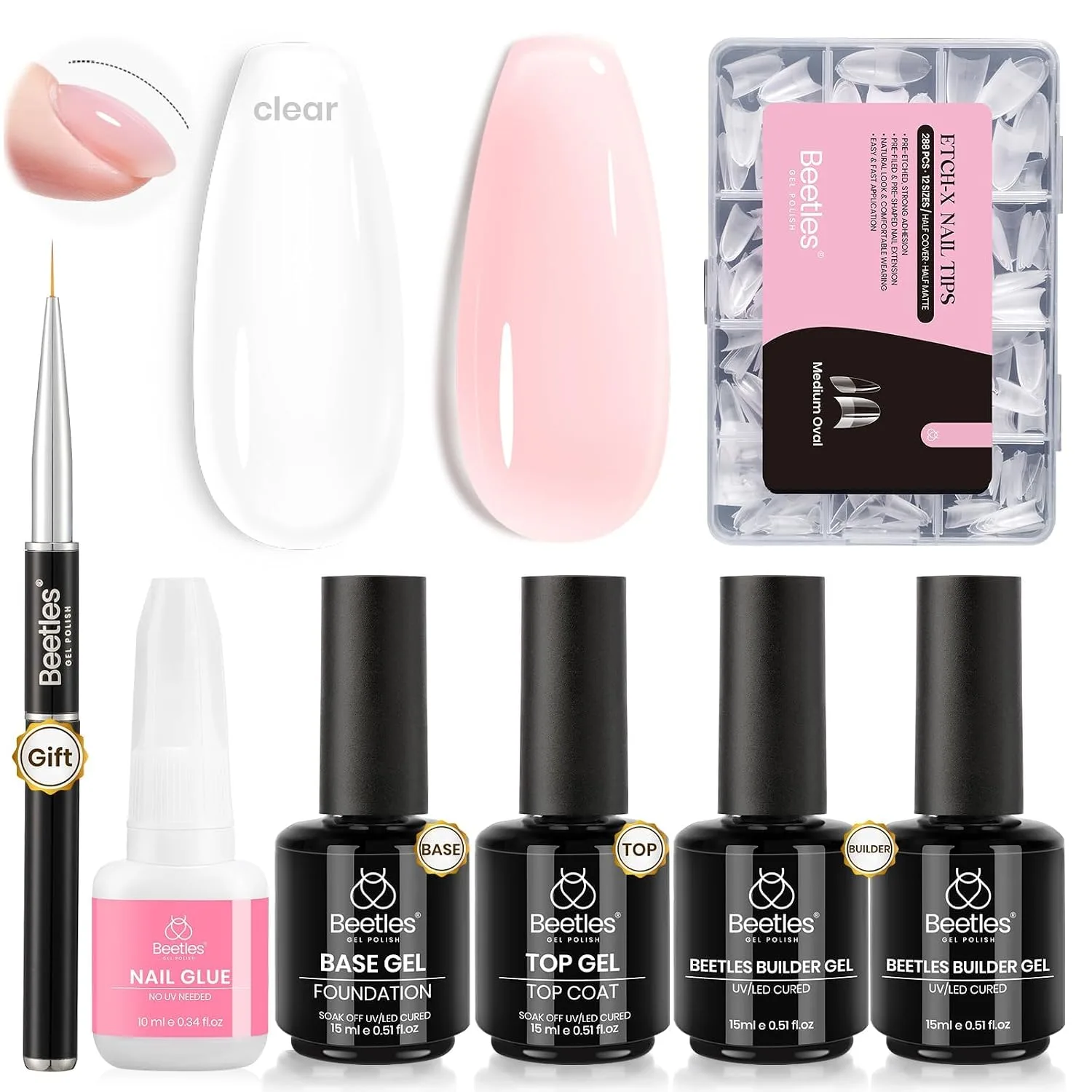 Beetles Builder Gel Nail Kit, Clear Pink with Base Top Coat and Nail Tips