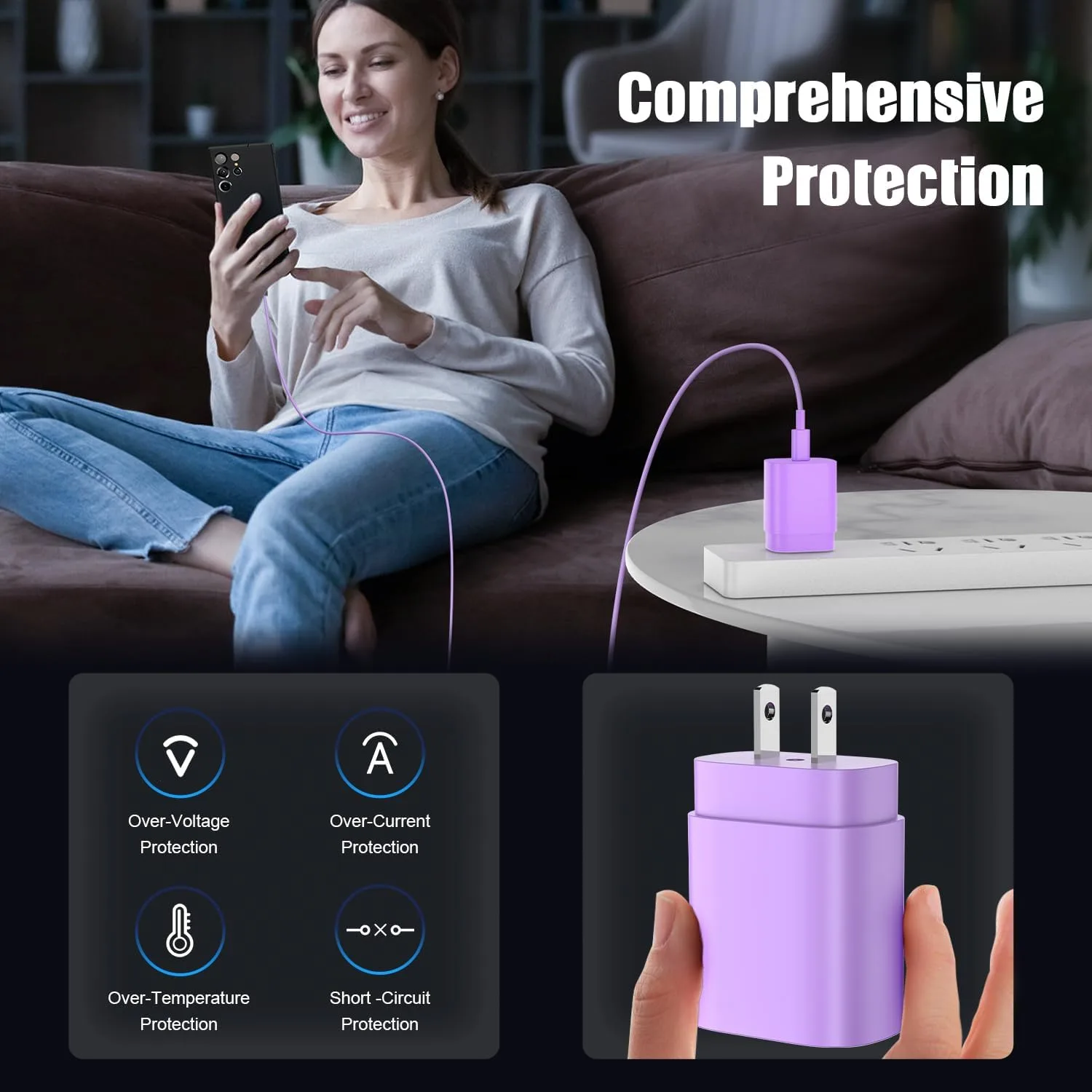 Essri Type C Charger Fast Charging for Samsung Galaxy S25/S24/S23/S22/Note 20,4Pack 25W Super USB C Fast Charger Block with (6ft+10ft) x2 Cables for iPhone 15/16 Pro Max/Plus, Android Phones-Purple