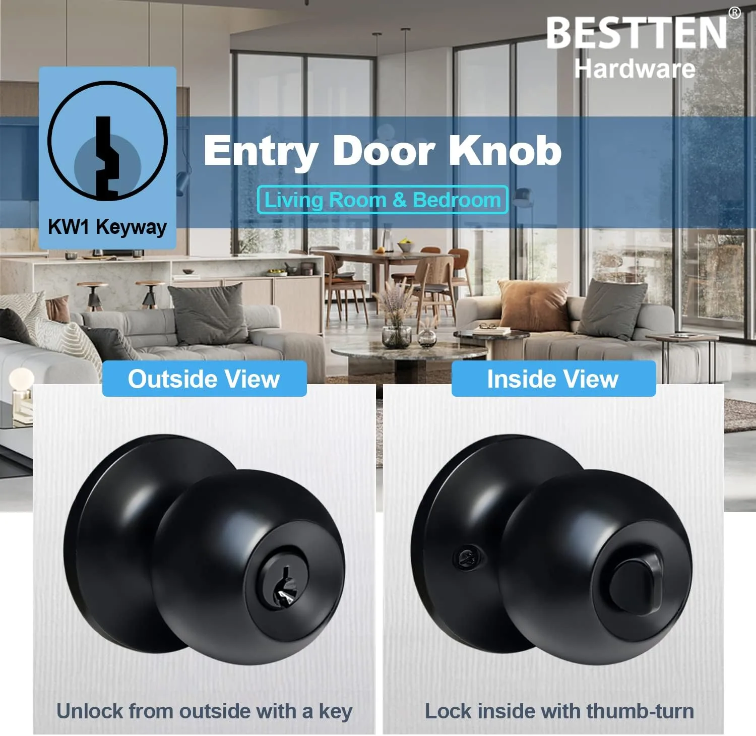 BESTTEN Keyed Entry Door Knob, Heavy Duty Entrance Door Lock, Matte Black