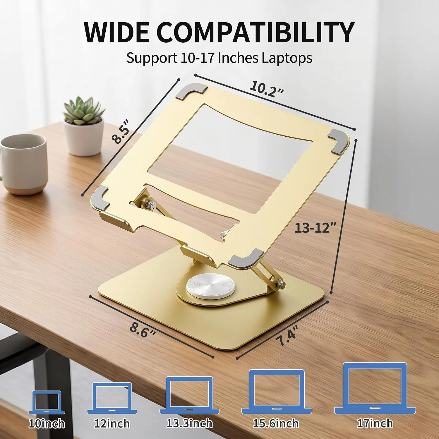 ALASHI Laptop Stand for Desk with 360° Rotating Base, Multi-Angle Adjustable Laptop Stands, Foldable Laptop Riser Compatible with 10 to 17 Inches PC Computer, Gold