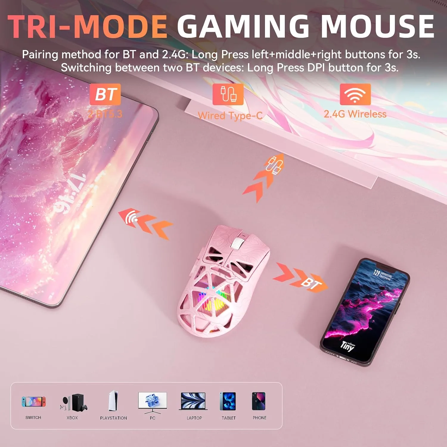 Aula SC620 Wireless Gaming Mouse, Tri-Mode 2.4GHz/USB-C/BT5.3 Computer Mouse with 12000 DPI, Programmable Macro Gamer Mouse with Rapid Fire Key, RGB Light Gaming Mice for PC/Laptop/Mac (Line Pink)