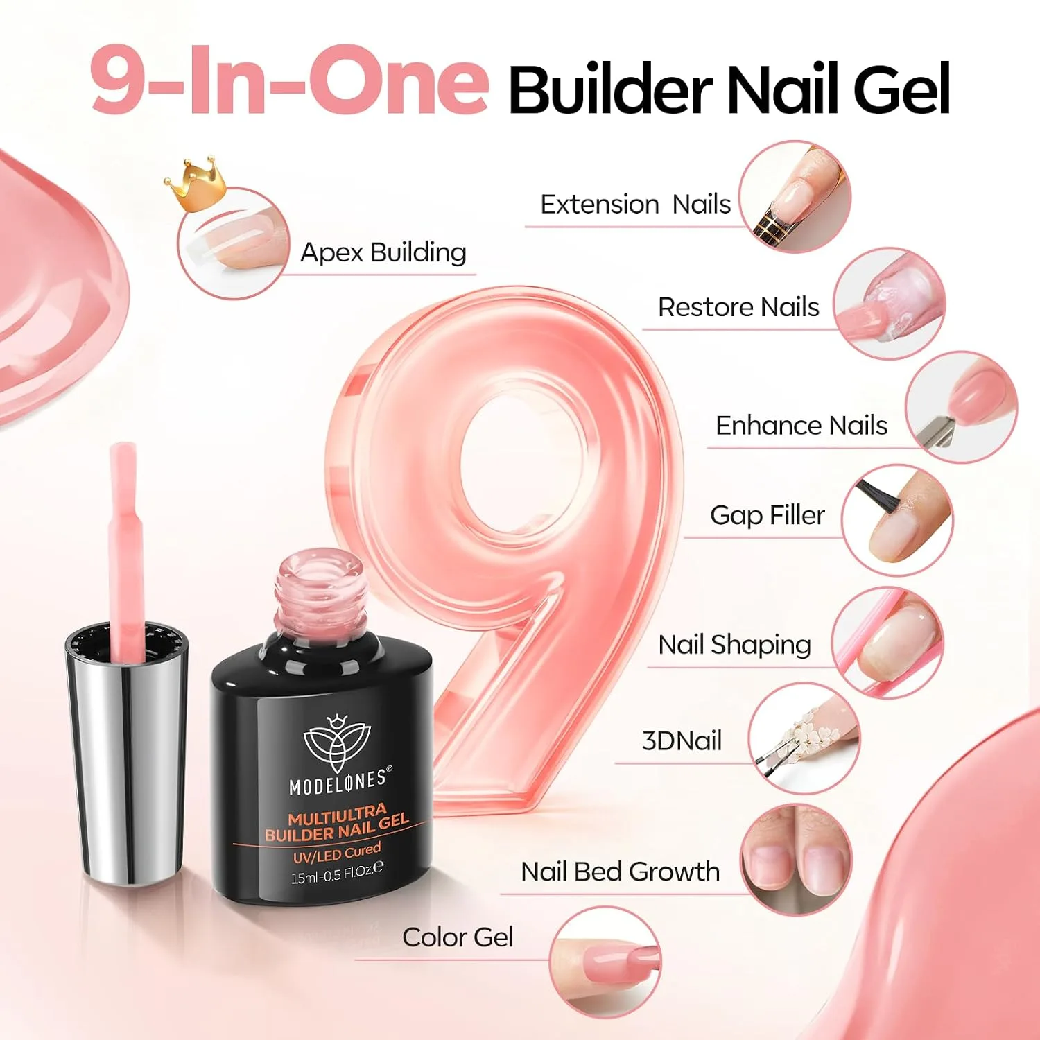 modelones Builder Nail Gel, Peach Pink Builder No Top Coat Needed