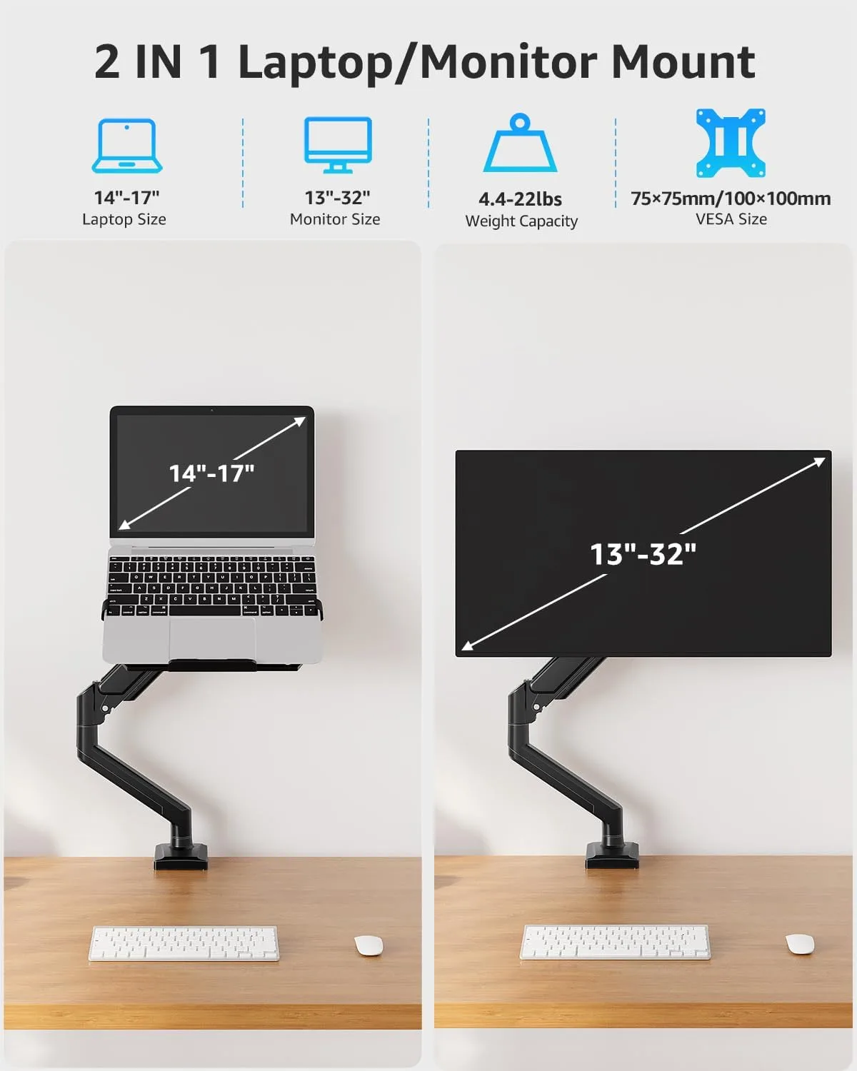 MOUNTUP Laptop Stand for Desk, 2-in-1 Monitor Mount with Laptop Tray Holds 2.2-22lbs, Adjustable Laptops Arm Mount for Max 17" Notebook & 32" Monitor, Laptops Desk Arm with Clamp/Grommet