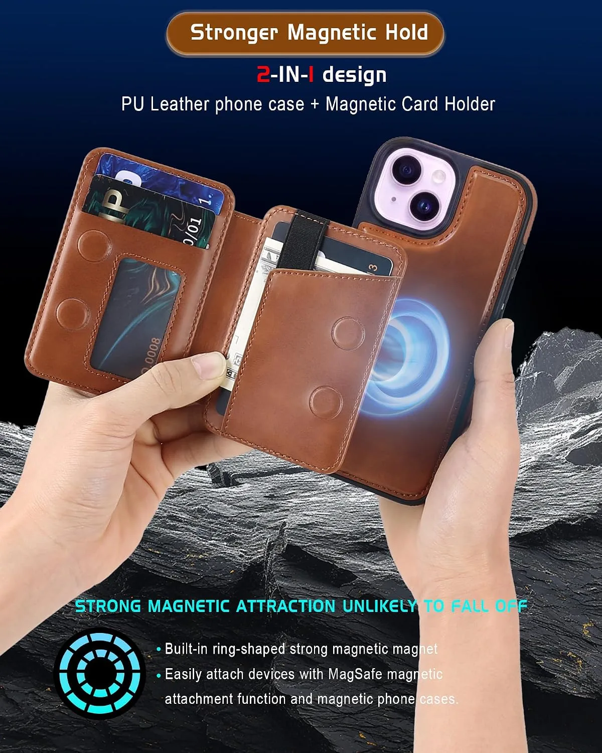 Magnetic Detachable Wallet Case for iPhone 15/14 Plus with Kickstand,2-in-1 MagSafe Compatible RFID Blocking Card Holder,Slim PU Leather Cover Brown