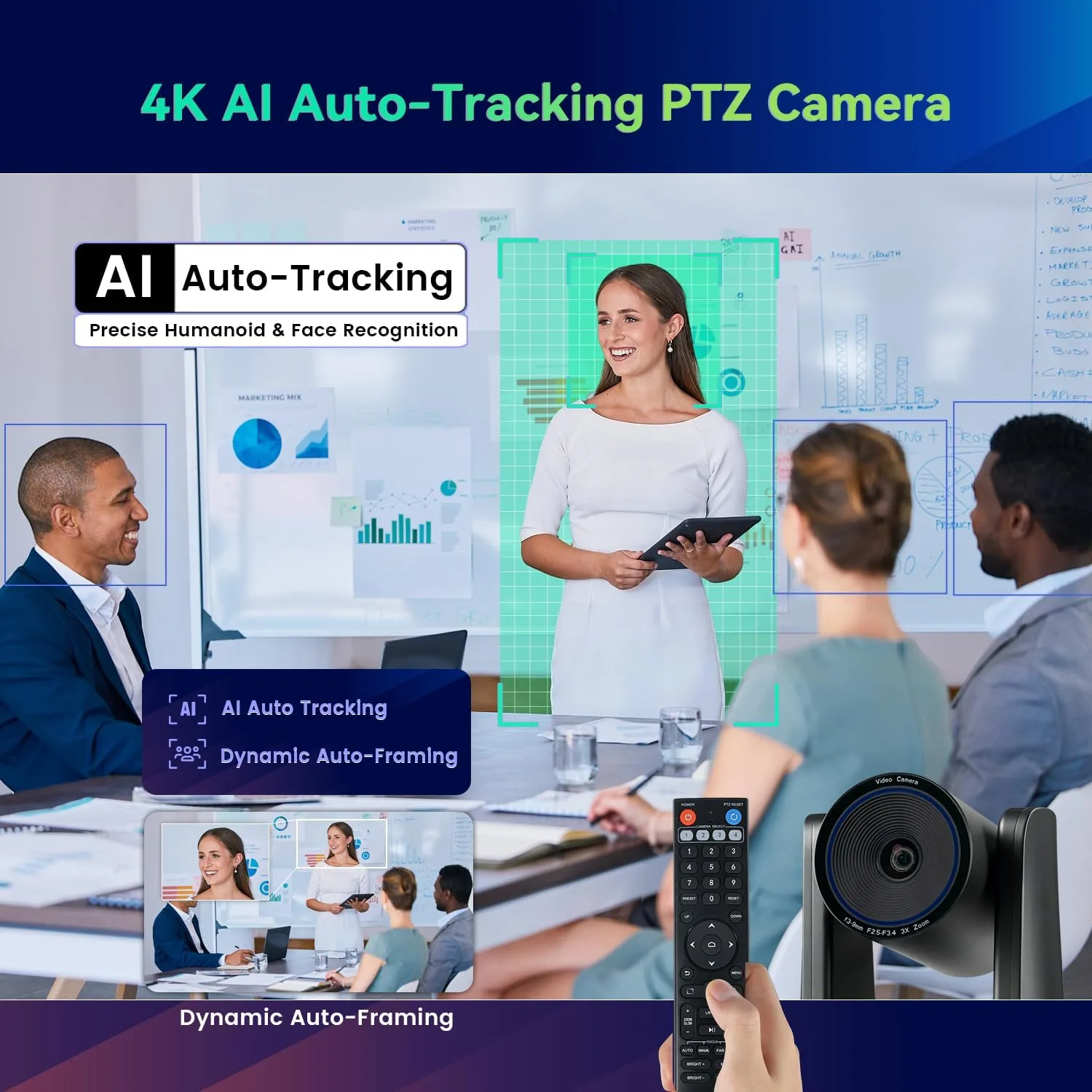 4K Conference Room Camera System AI Auto-Tracking 4K PTZ Camera 3X Optical Zoom 93° Wide Angle USB3.0 HDMI Output and Wireless Bluetooth Speakerphone with Mics for Conferencing Worship Church Medical
