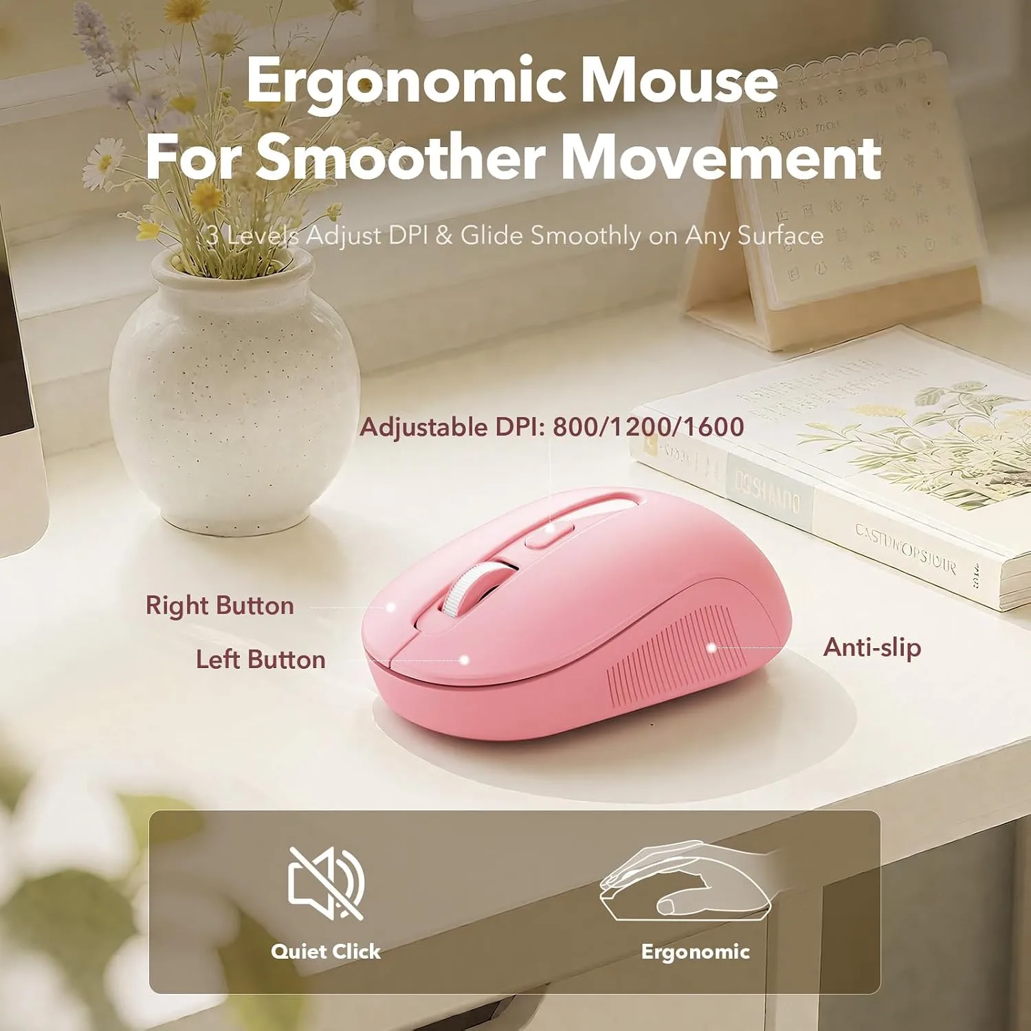 Wireless Keyboard and Mouse Combo, Round Keycaps, Magnetic Wrist Rest, Pink