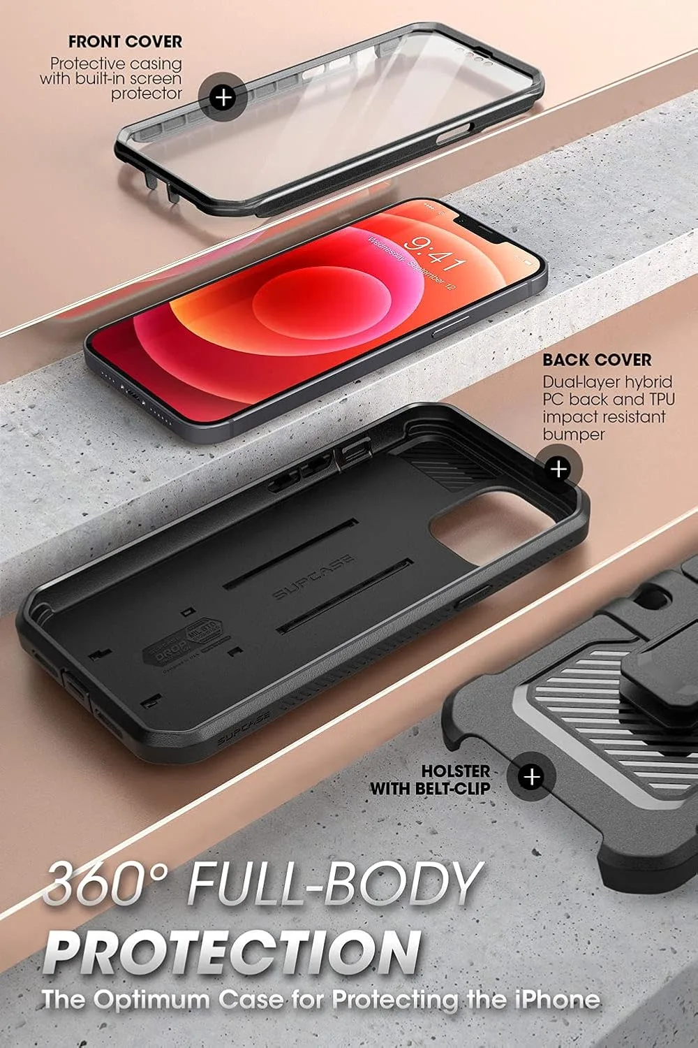 SUPCASE for iPhone 13 Case (6.1 inch) with Screen Protector, Black