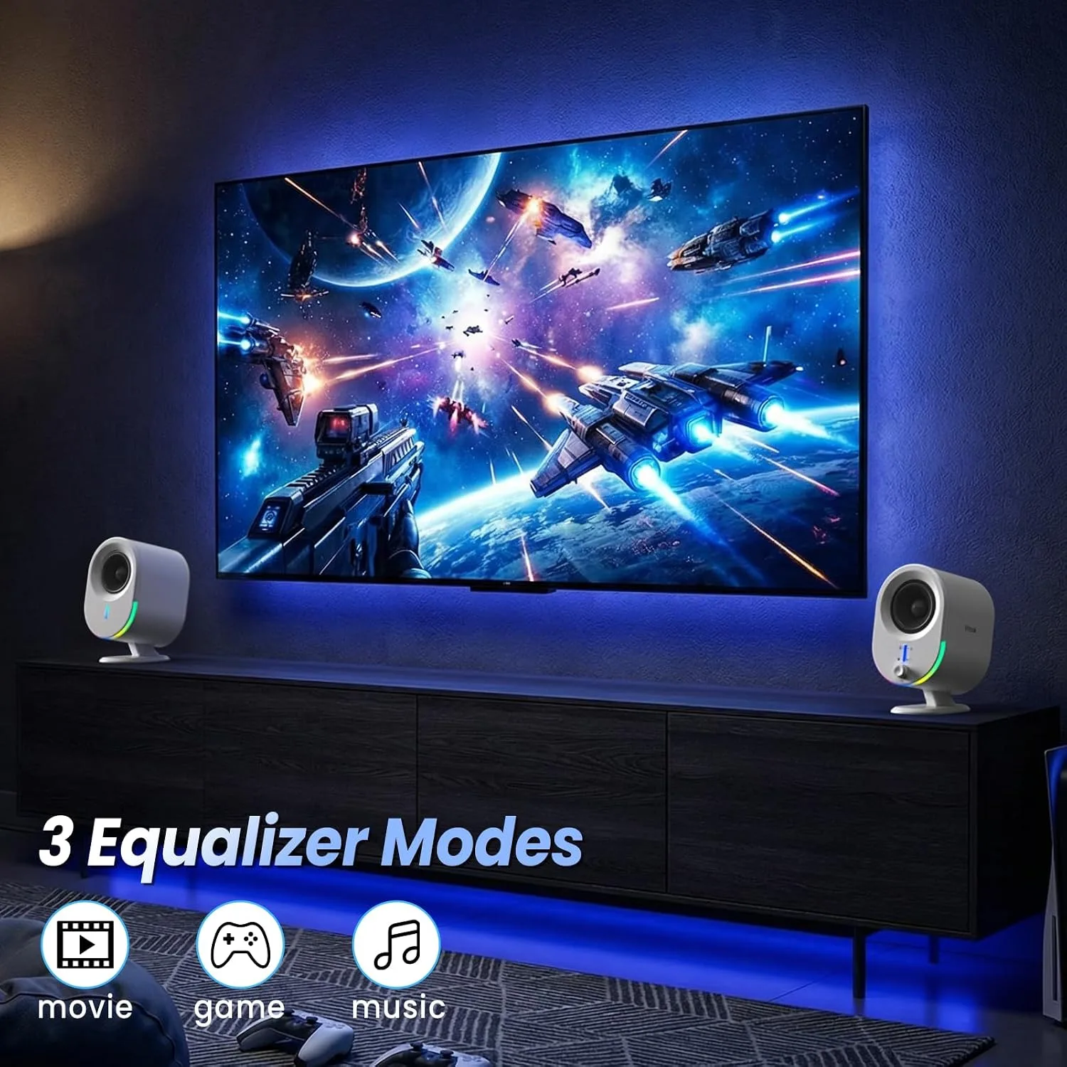 LITTOAK Bluetooth PC Gaming Speakers, 2 * 15W 2.0CH Stereo with 3 EQ & 6 RGB Modes, AC Powered Desktop Speakers with Aux/USB/Headphone Port for Laptop/TV, White