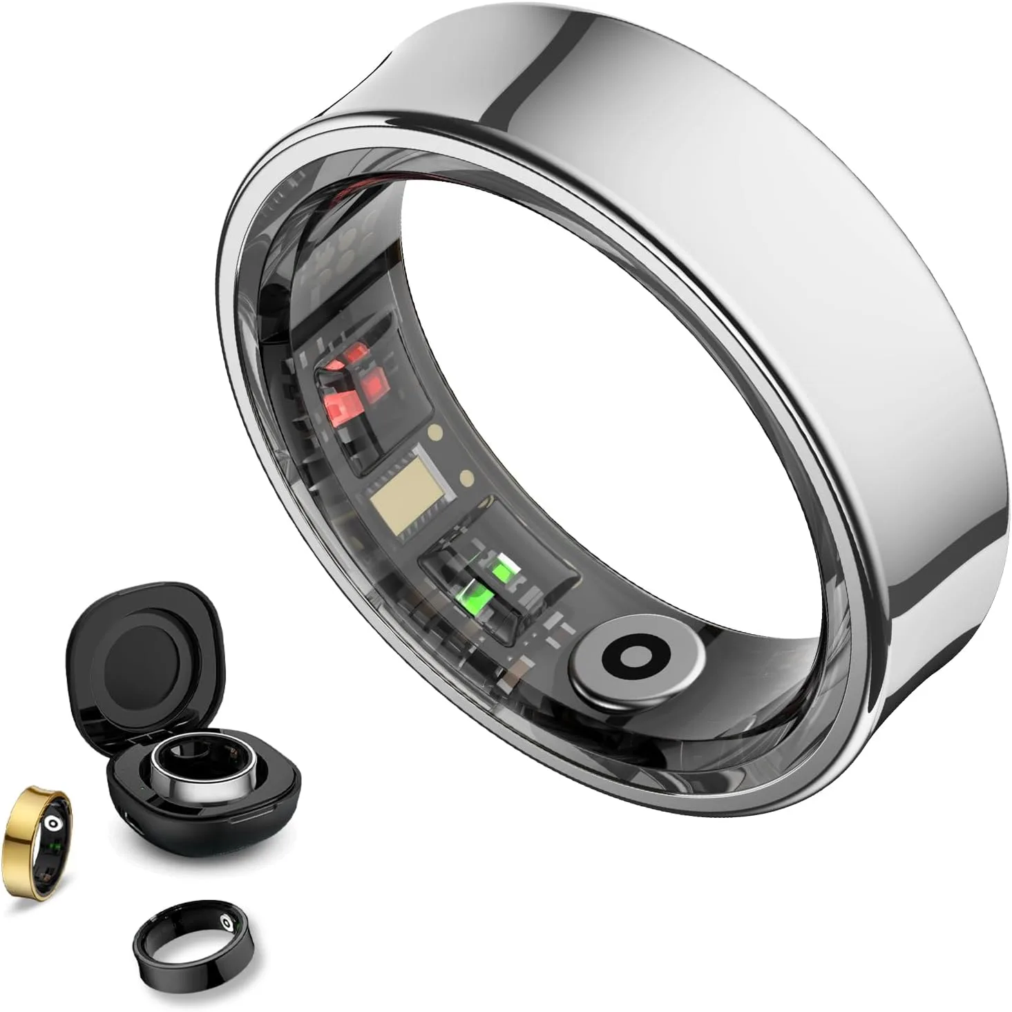 Smart Ring Health Tracker with Gesture Control & Charging Case (Silver, 9)