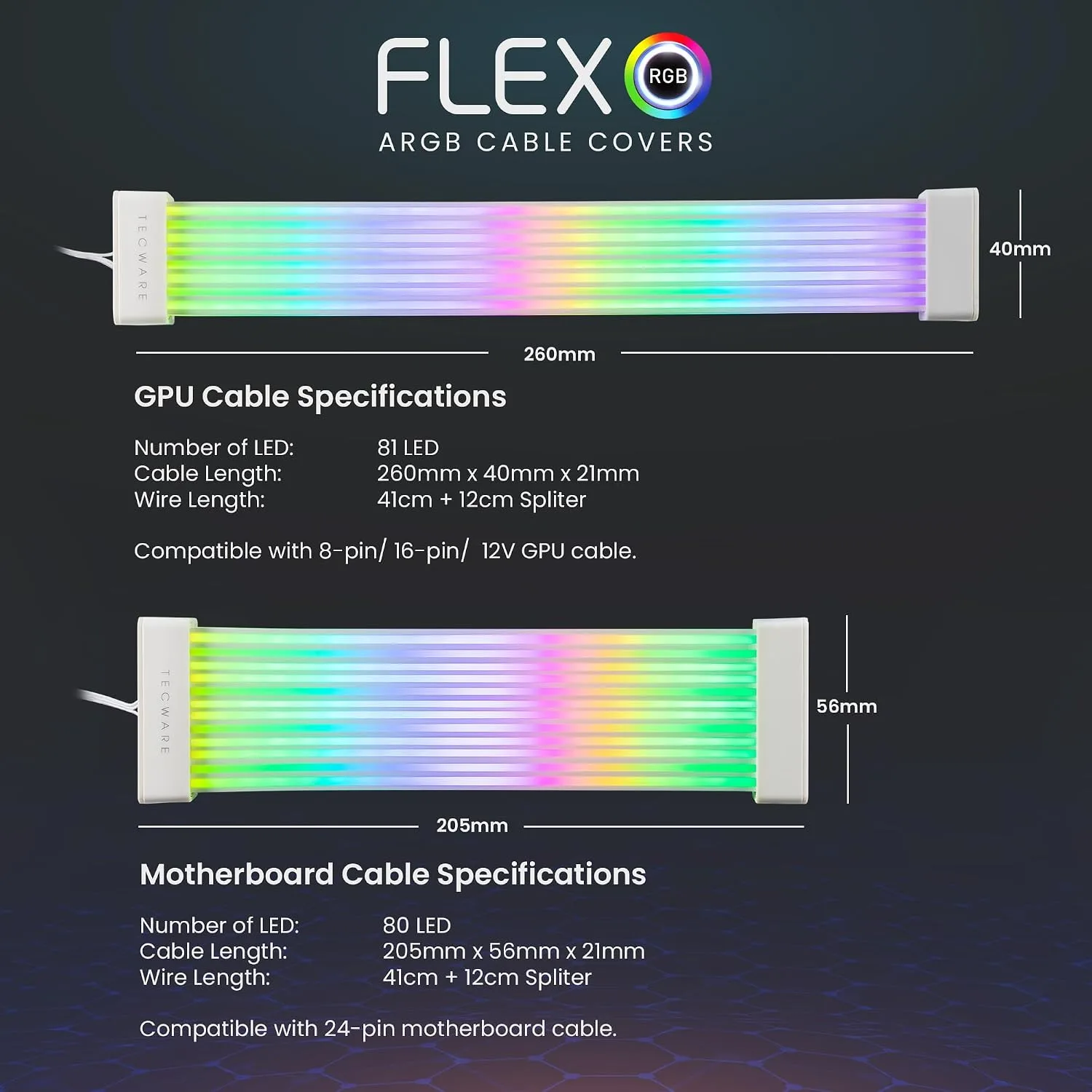 TECWARE Flex RGB Cable Cover Kit | Compatible with 24-Pin Motherboard and 8-Pin/16-Pin GPU | ARGB PSU Cable Extension with 5V 3-Pin Sync | RGB Lighting Kit for PC Cables | White