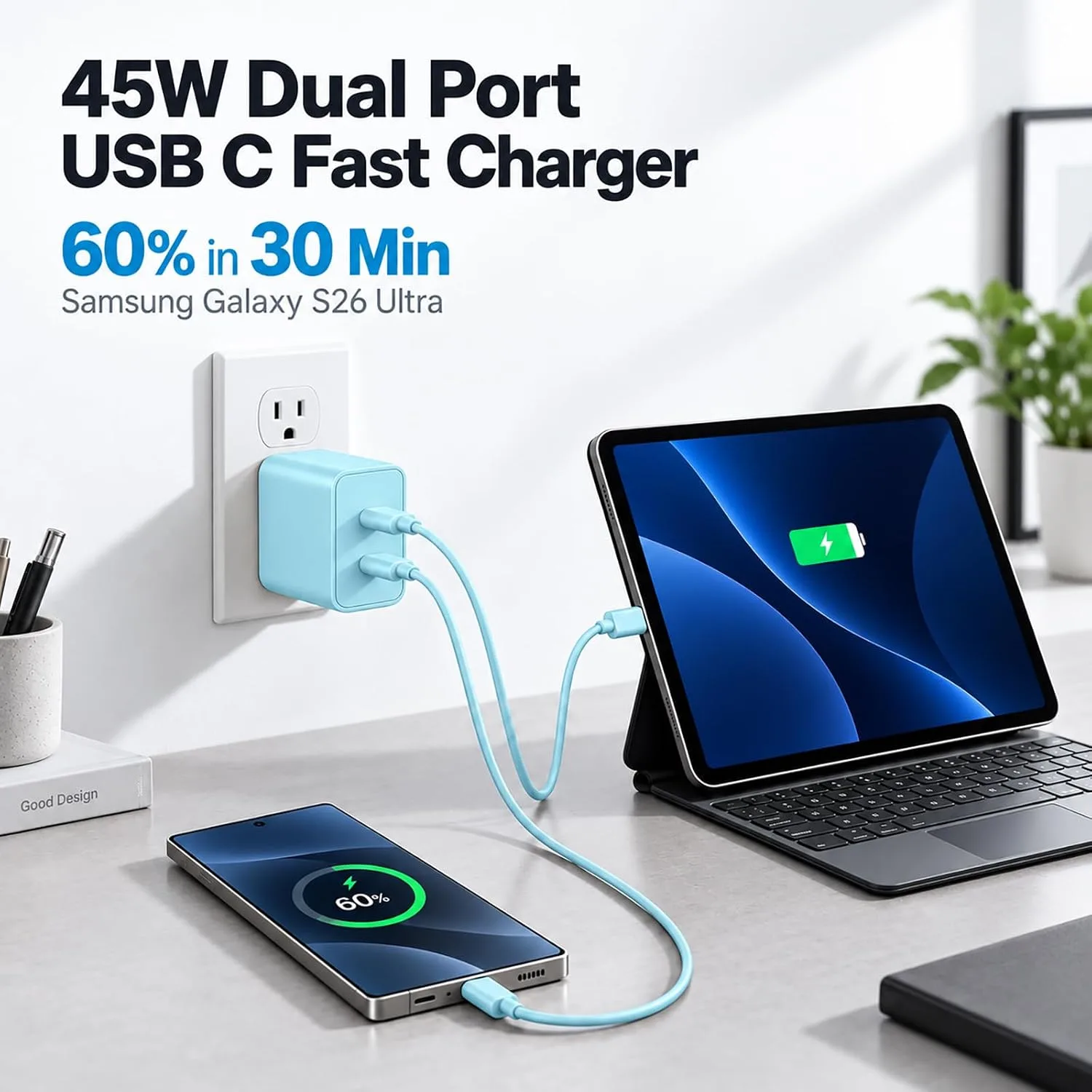 Super Fast Type C Charger for Samsung, 45W Dual Port USB C Charger