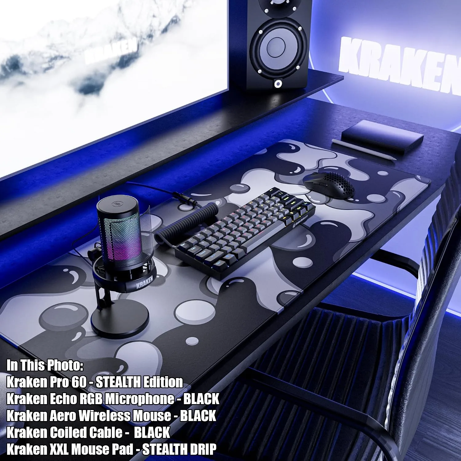 Kraken Keyboards DRIP Edition XXL Black & White Gaming Mouse Pad - Professional Artisan Mouse Pad - Black & White Gaming Desk Mat - 36" x 16" Thick Extended XXL Gaming Mouse Pad (Stealth)