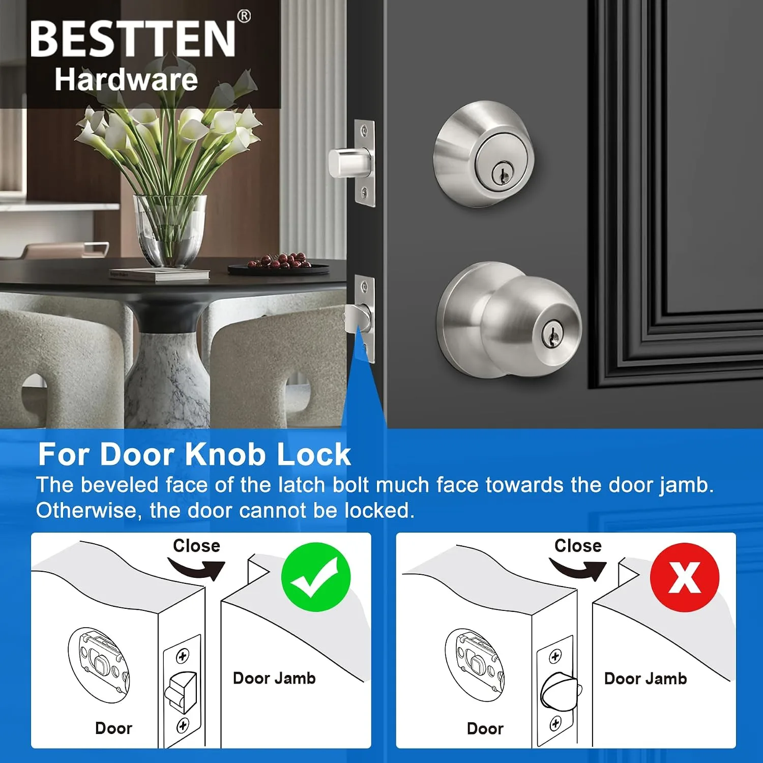 BESTTEN Keyed Same Exterior Door Knob and Single Cylinder Deadbolt Combo Set, Keyed Alike Entry Door Knobs with Lock and Keys for Entrance and Front Door, Satin Nickel