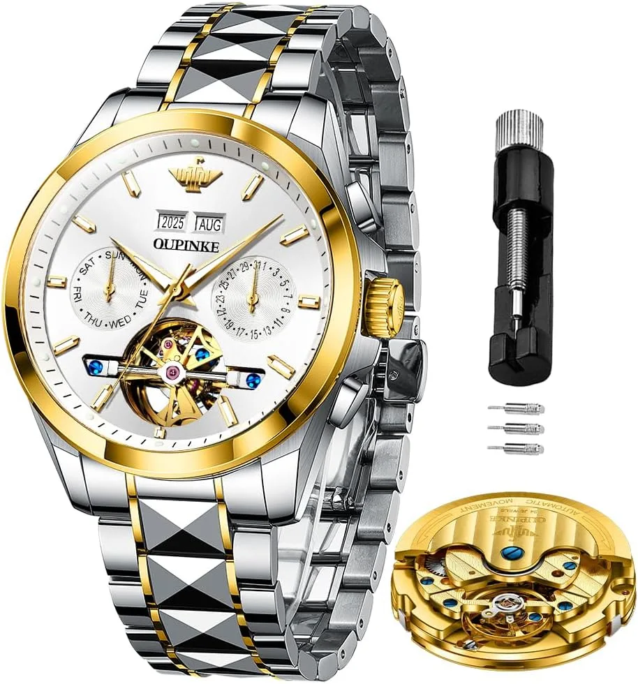OLEVS Skeleton Men Watches Automatic Business Luxury Diamond Self Winding Watch for Men Stainless Steel Calendar Wrist Watch