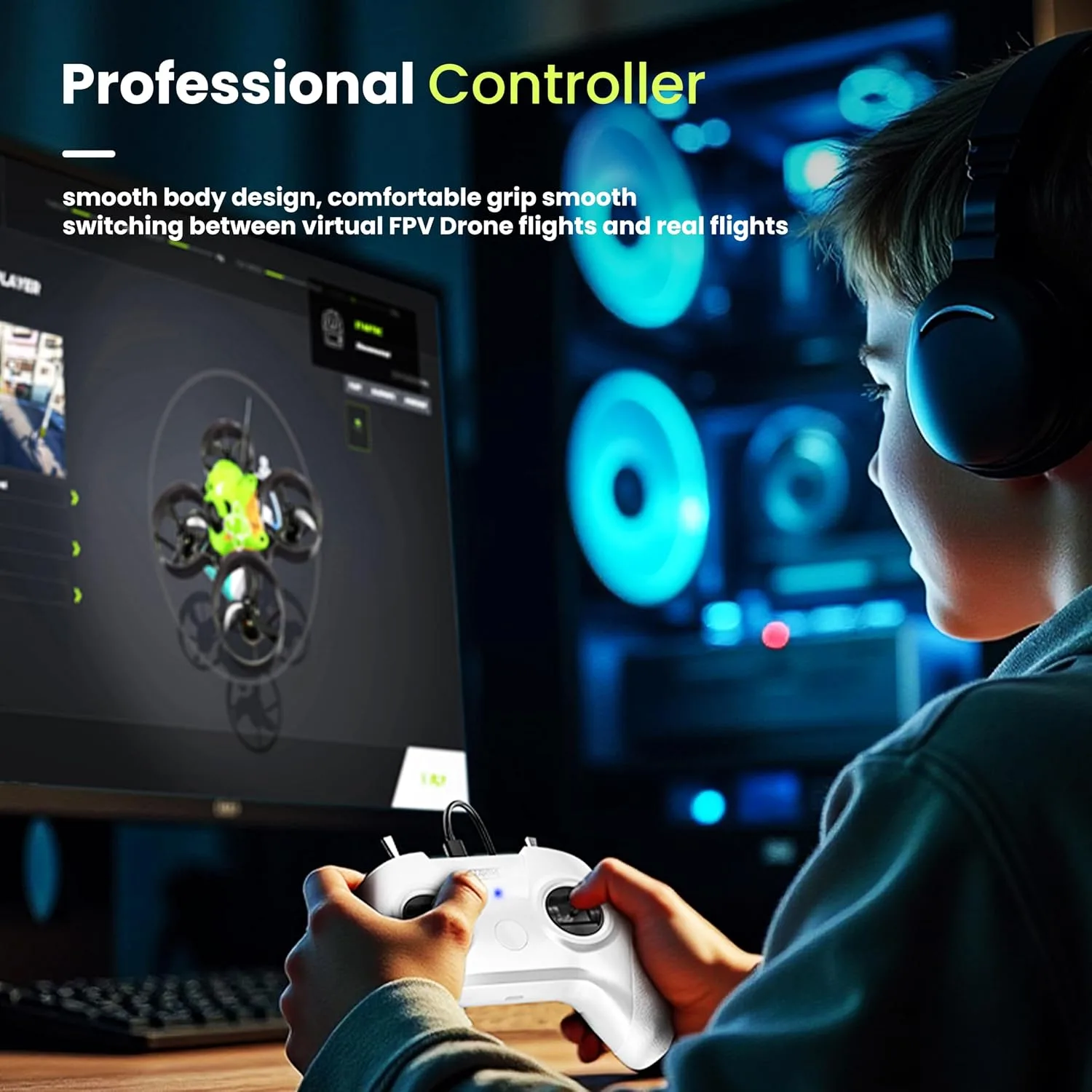 FLYDrone S8 FPV Simulator Controller for Windows PC, USB-C Drone Flight Simulator Joystick, 8-Channel Mode 2 RC Training Remote with Non-Centering Throttle for Liftoff/DRL/Uncrashed (White)