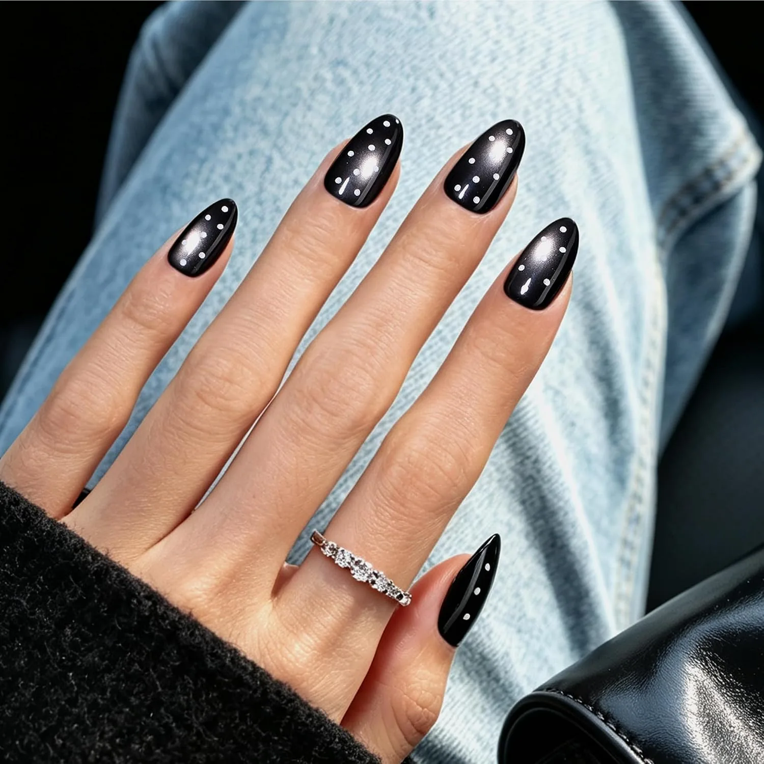 Beetles Halloween Press On Nails Short Almond, 32 PCS, Black Cat Eye
