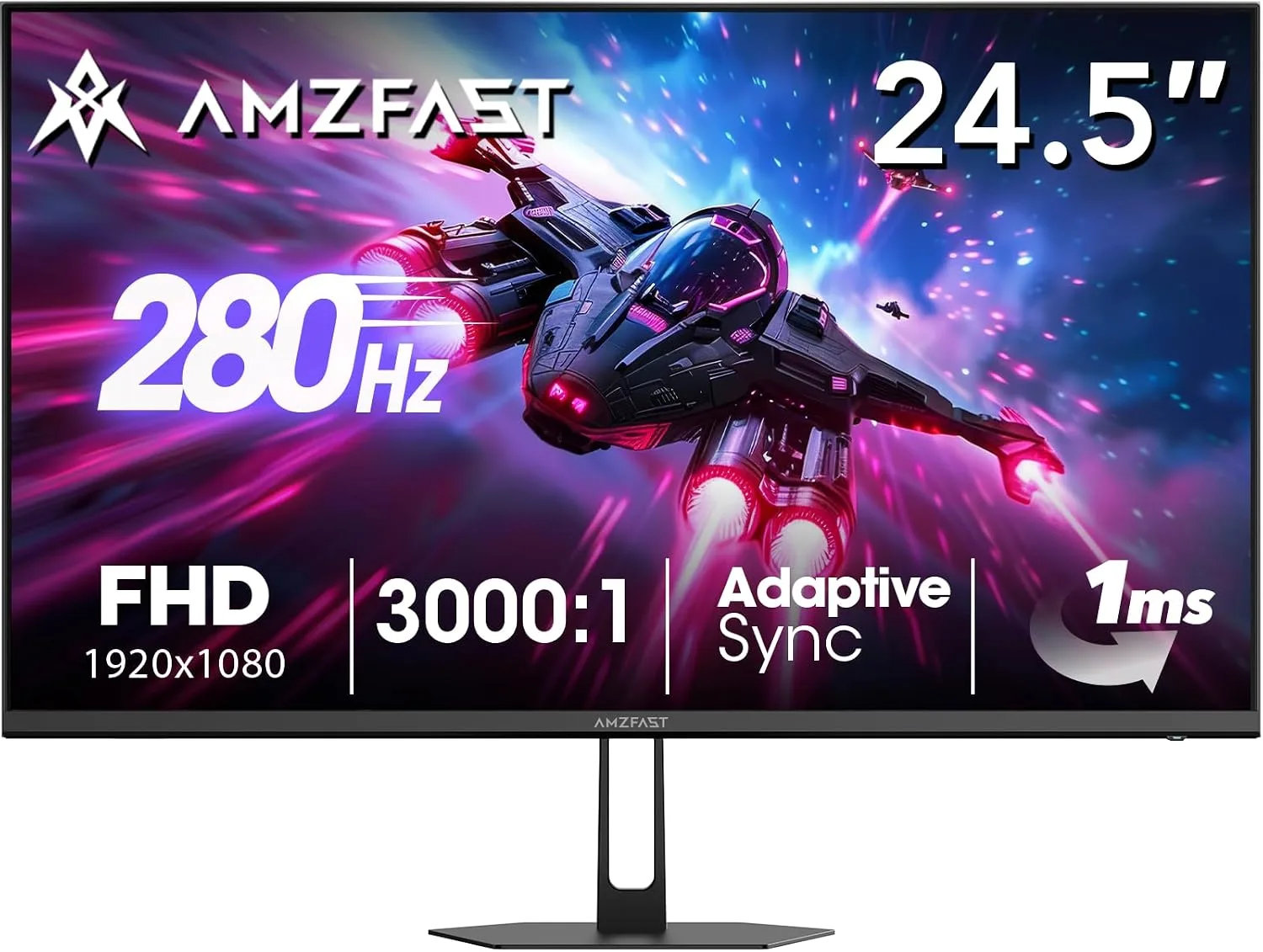 Amzfast 24.5 Inch 280Hz/240Hz Gaming Monitor FHD 1080p Monitor, 1ms Adaptive Sync, 3000:1, 126% sRGB, 93% DCI-P3, TÜV Rheinland Eye Care, HDMI 2.0 x 2 & DP 1.4 x 2, AMZG25X1 Pro