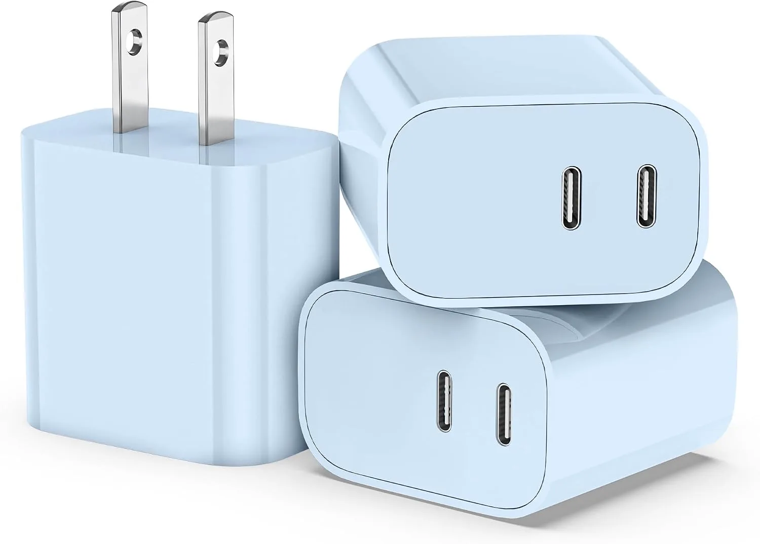 USB C Charger Block 3 Pack, Dual Port 20W Fast Wall Plug(Light Blue)