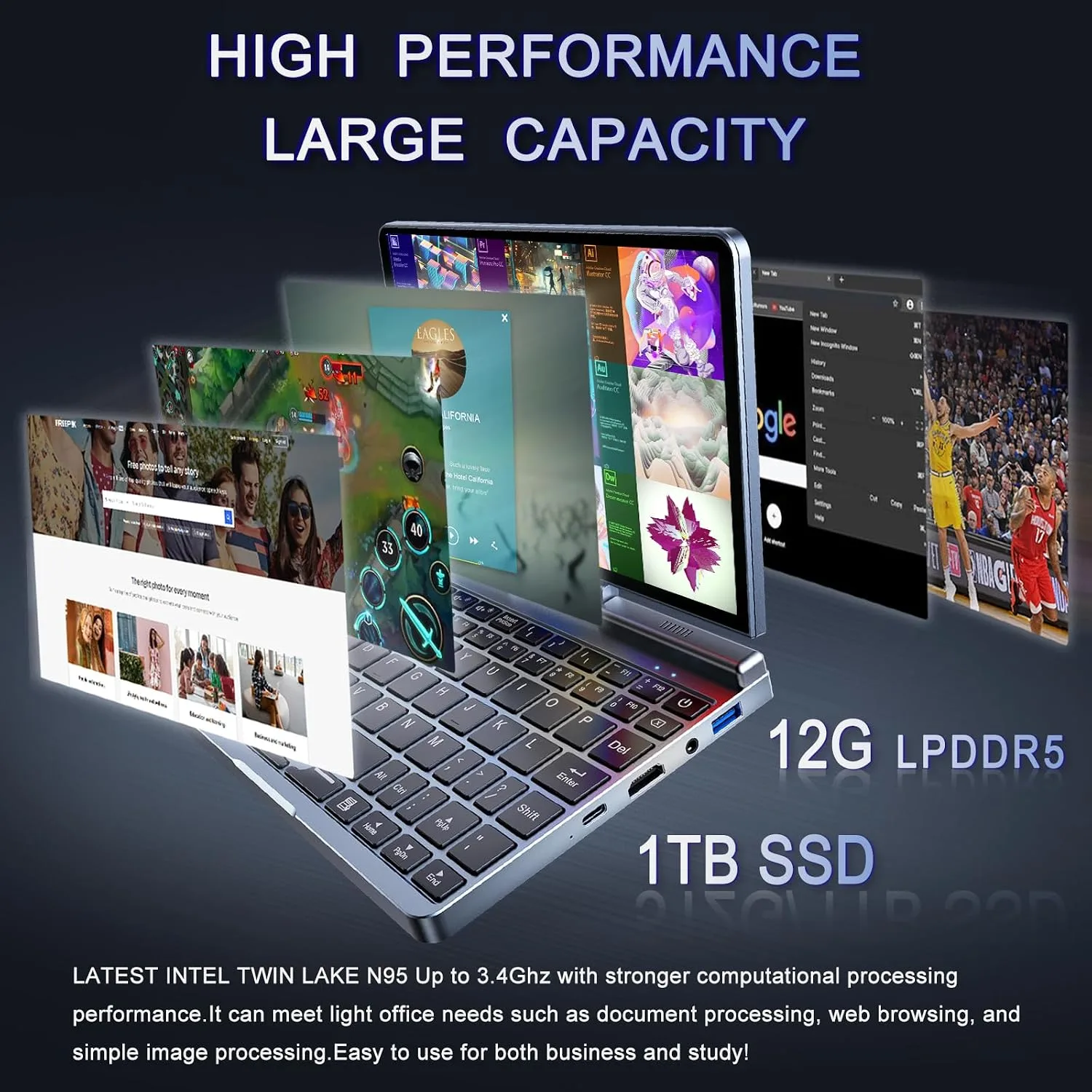 Mini Laptop 8" 2-in-1, Laptop Computer Win 11, Intel N95(up to 3.4GHz), 12GB RAM 1TB SSD, Touchscreen HD, Backlit Keyboard, Wi-Fi 6, USB-C, Lightweight Portable PC for Work/Kids/School