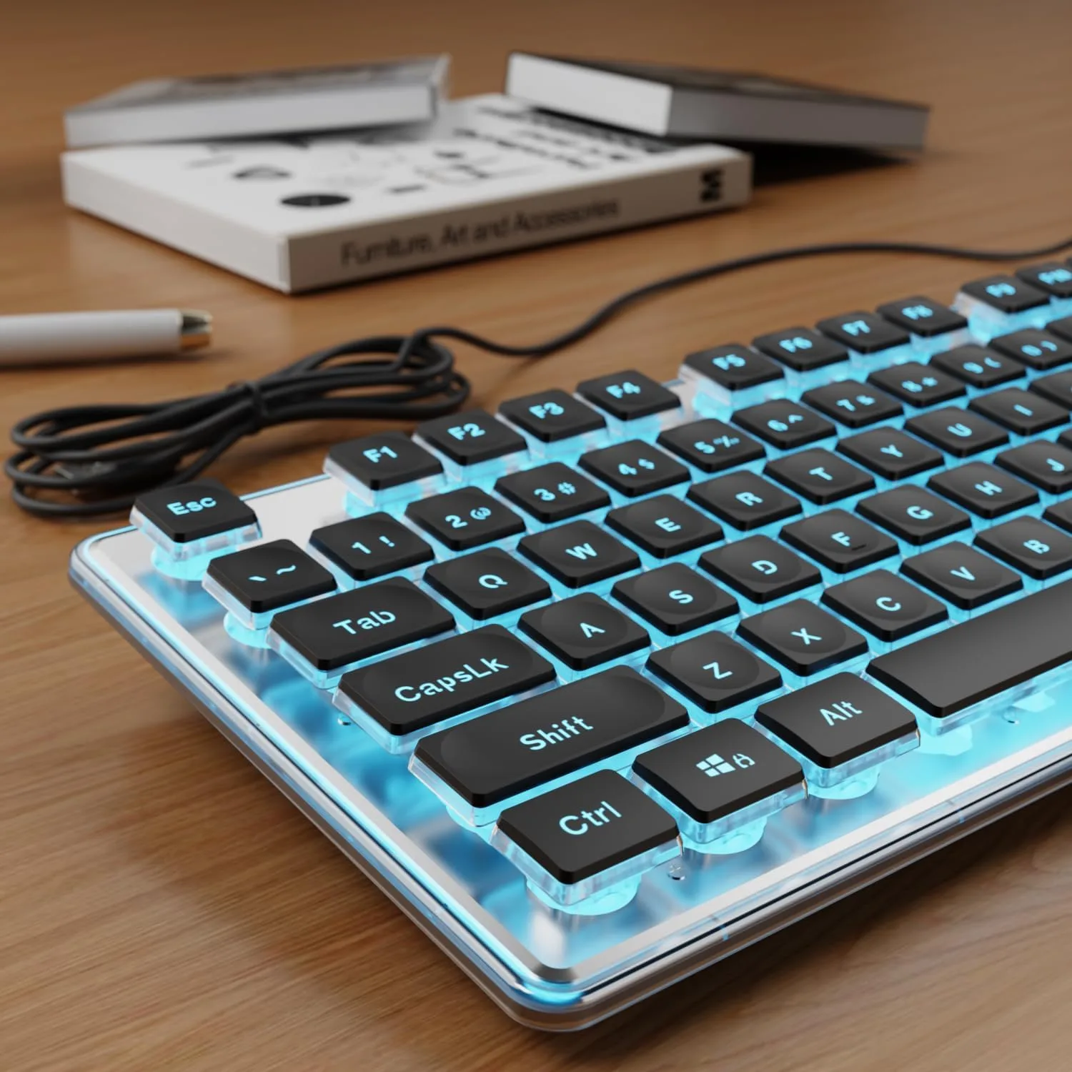 Wired Keyboard with Blue Backlit, Never Fade, Soft Click Typing, Black
