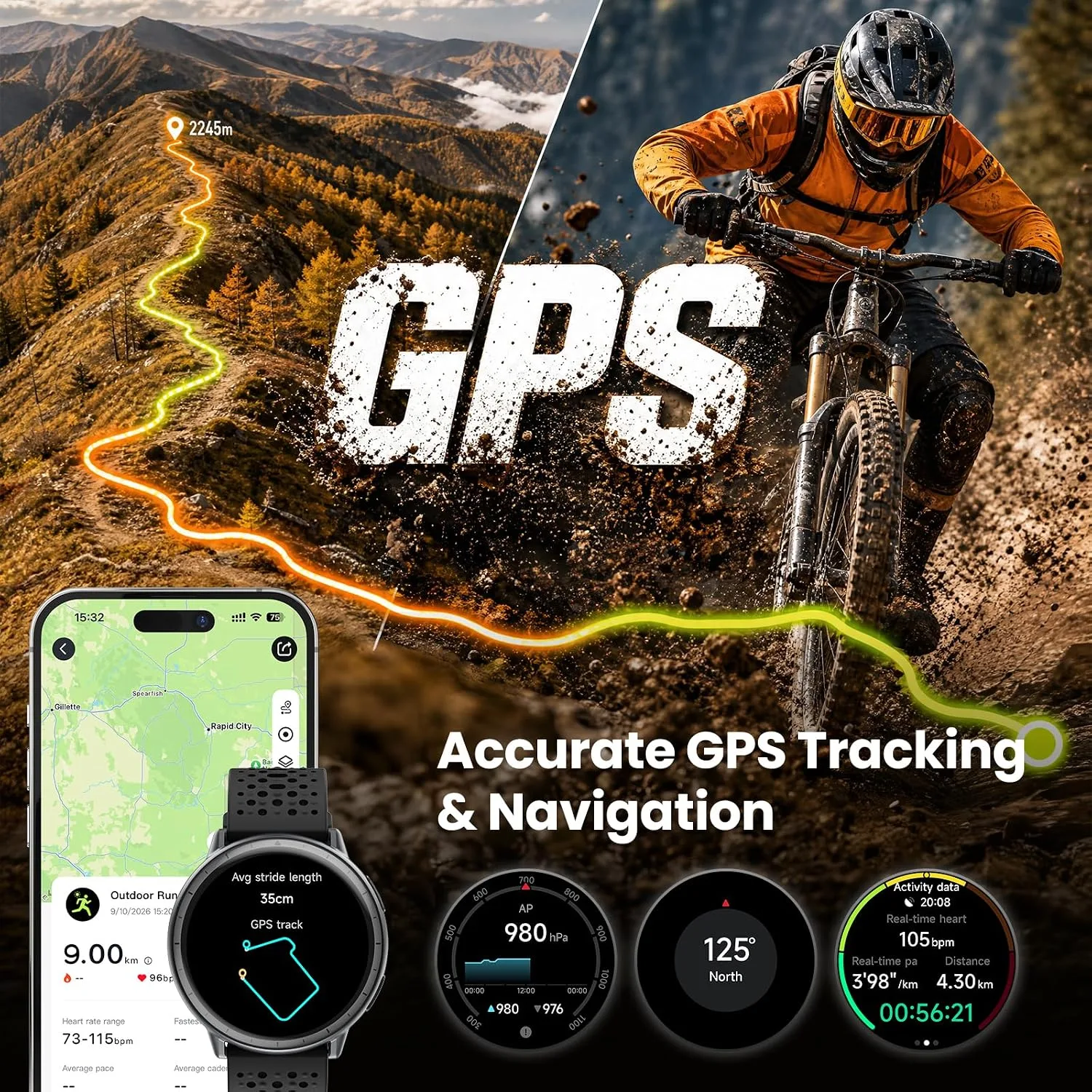 Smart Watch for Men Women,GPS Built-in,1.3" Ultra-bright AMOLED Display,SOS